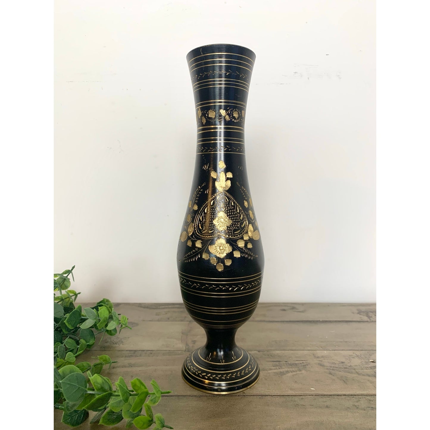 Vintage Black and Gold Etched Brass Metal Floral Pedestal Vase Boho Glam Moody