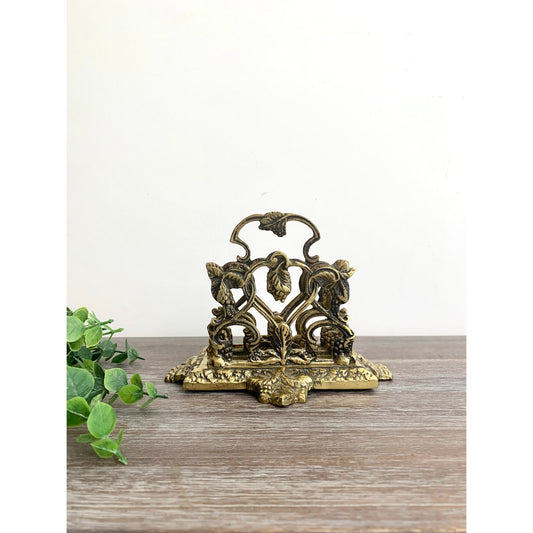 Antique Brass Mail Holder Made in England Napkin Letter Vintage Ornate Organizer