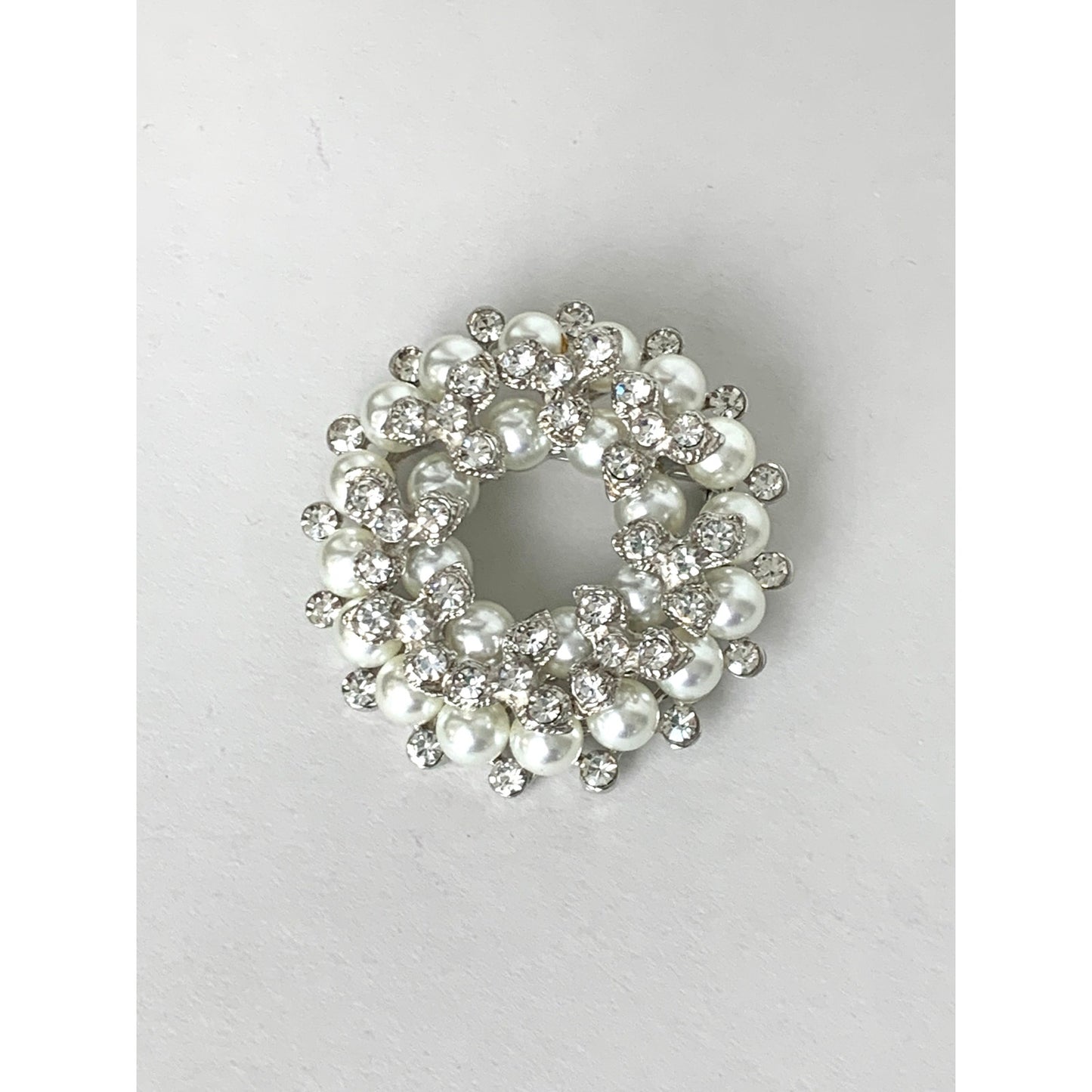Vintage Faux Pearl and Rhinestone Wreath Brooch Classic Circle Pin Elegant Jewelry