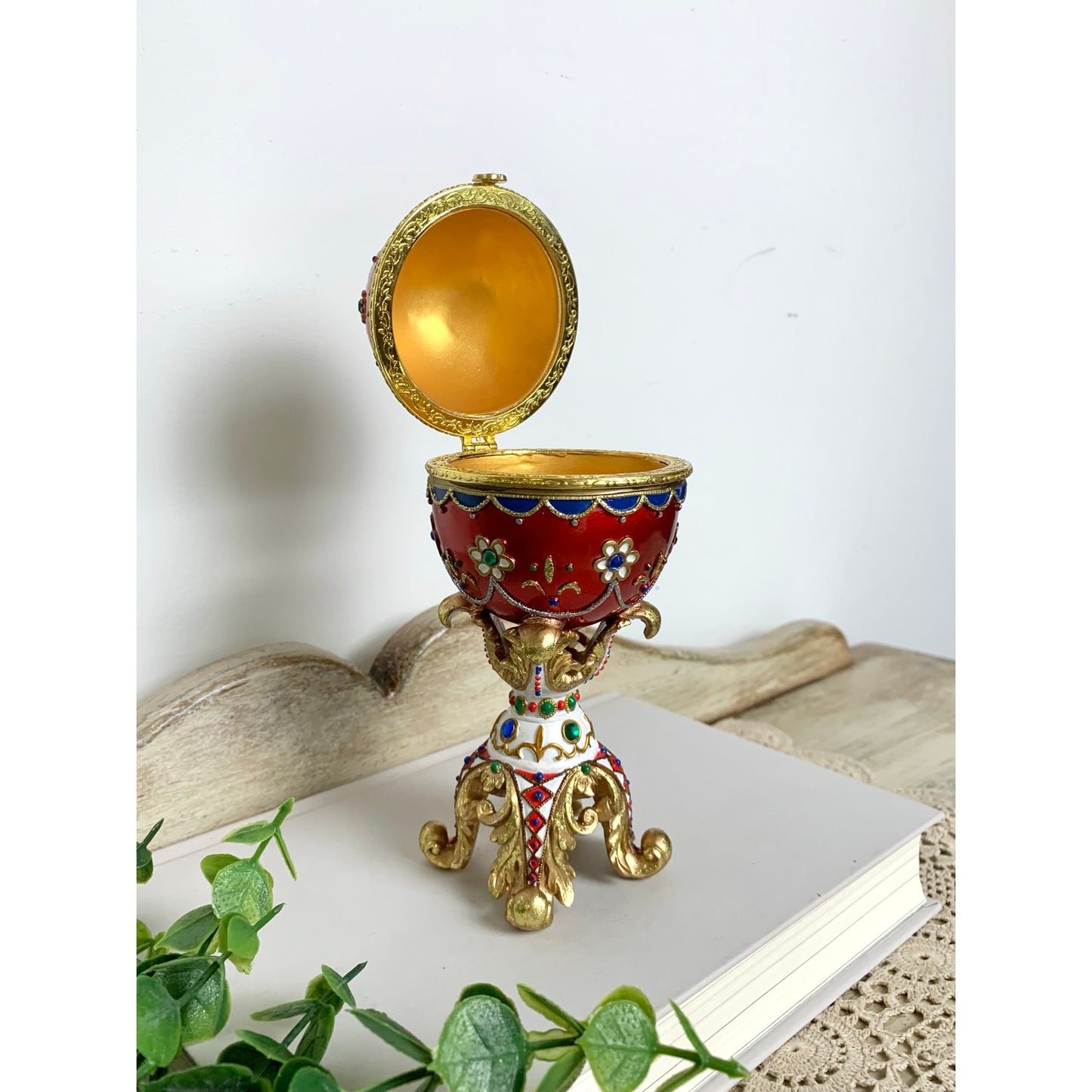 Vintage Faberge Style Red Enamel Egg Trinket Box Jeweled Pedestal Jewelry Box