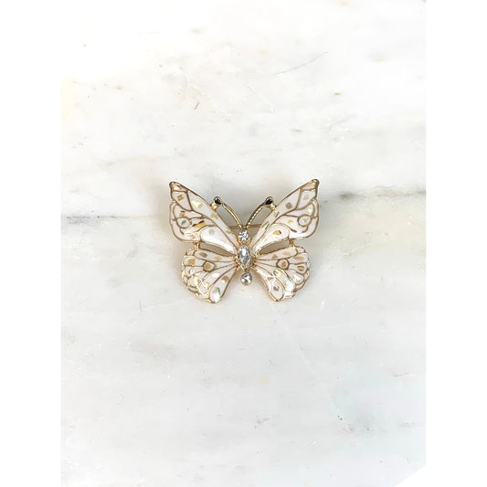Pink Enamel Gold Tone Butterfly Brooch with Iridescent and Rhinestone Feminine