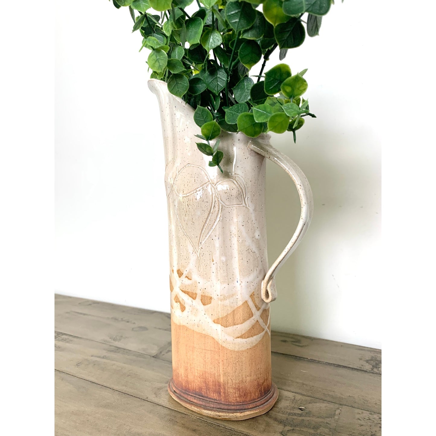 Handmade Artisan Pottery Pitcher Vase, Stoneware Rustic Neutral Glaze, 12.75" H