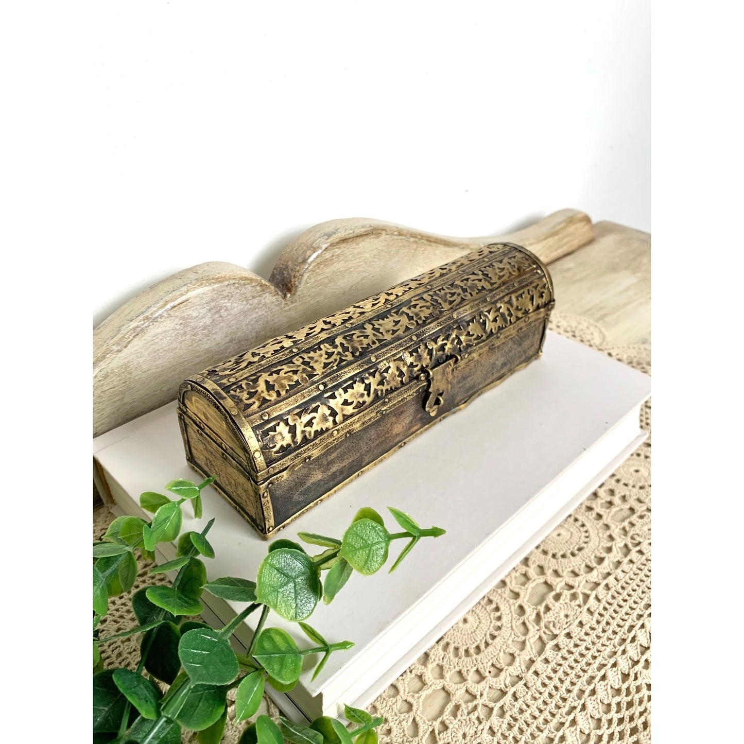 Vintage Brass Wood Trinket Box Floral Etched Hinged Jewelry Box Vanity Old World