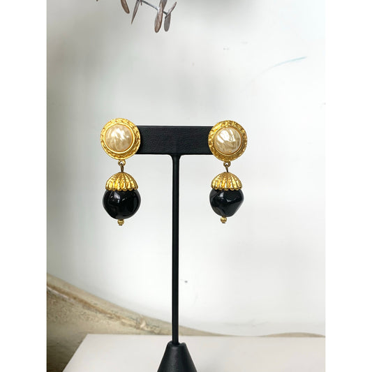 Vintage Faux Pearl Black Bead Goldtone Dangle Earrings Classic Statement