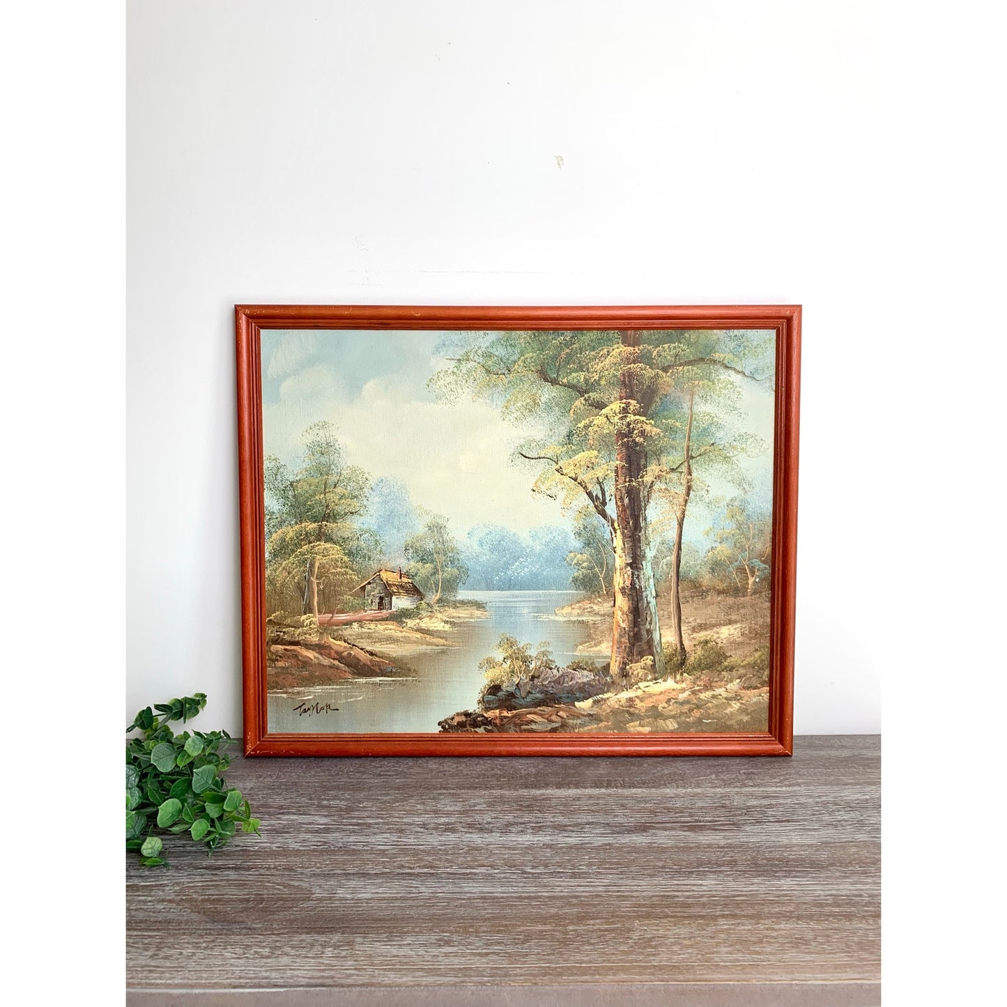 Vintage Riverside Landscape Oil Painting by Taylor Signed Framed Nature Scene
