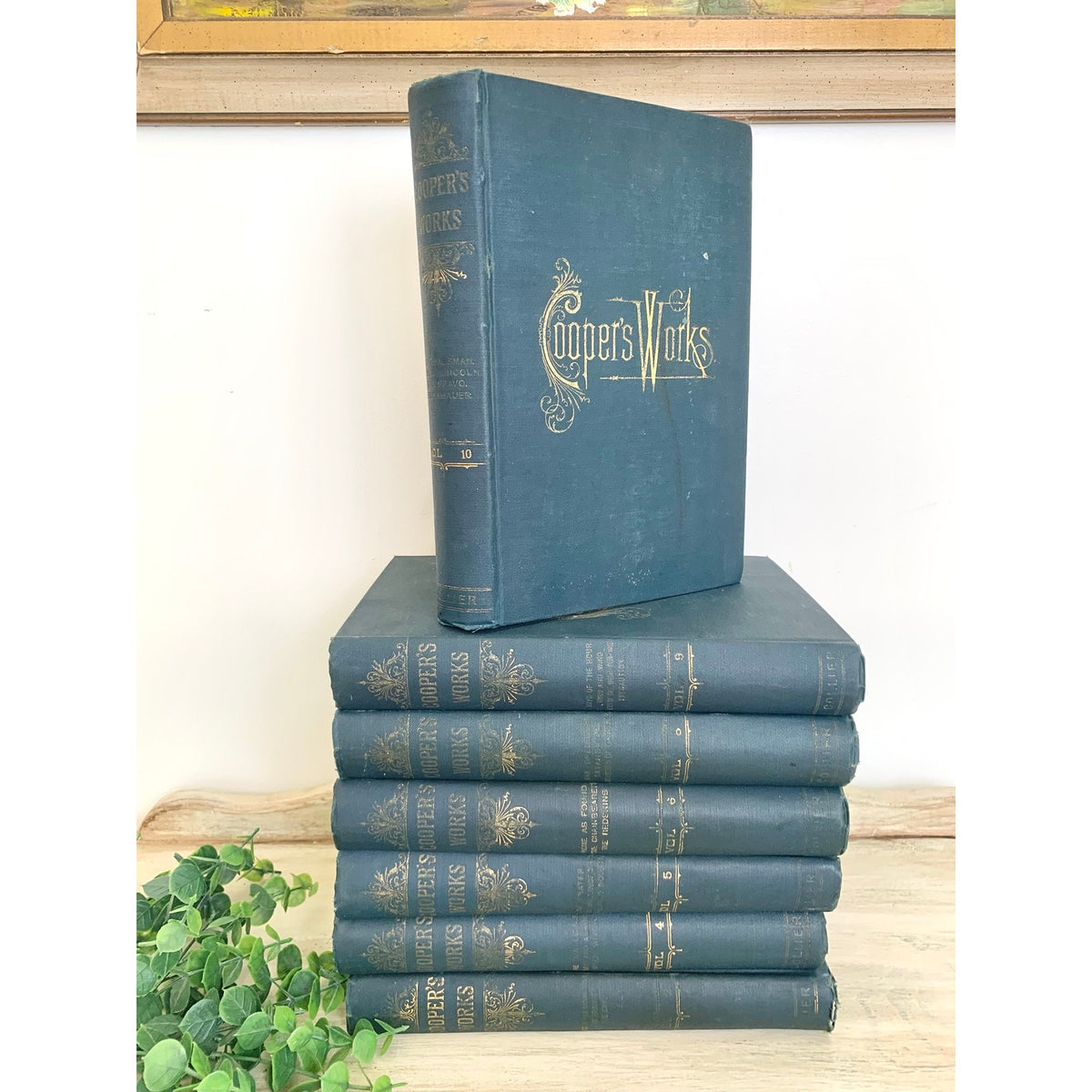 Antique 1891 James Fenimore Cooper Works Seven Volume Blue Gilt Book Set