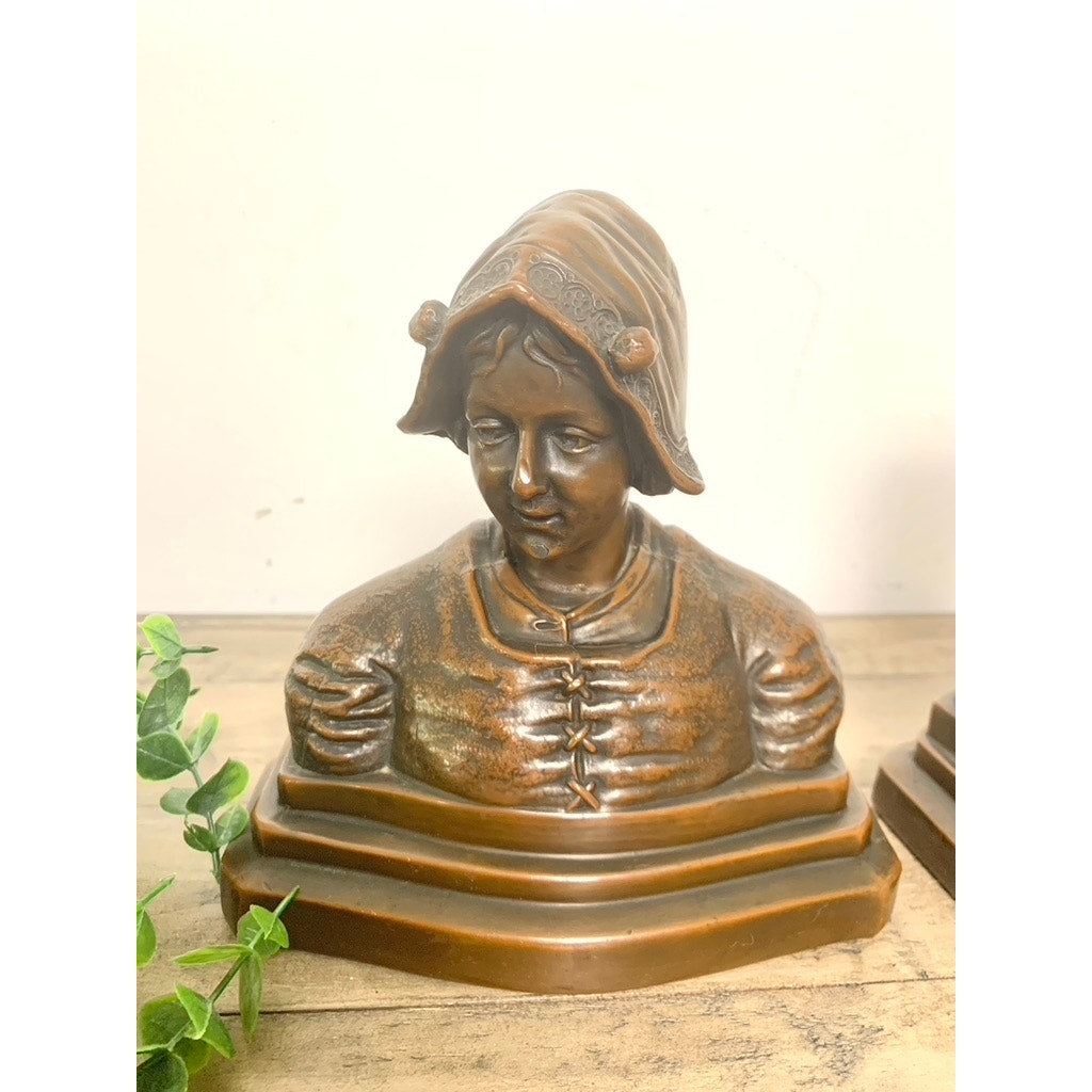 Antique Bronze Patina Dutch Couple Bookends – Folk Art Bust Pair