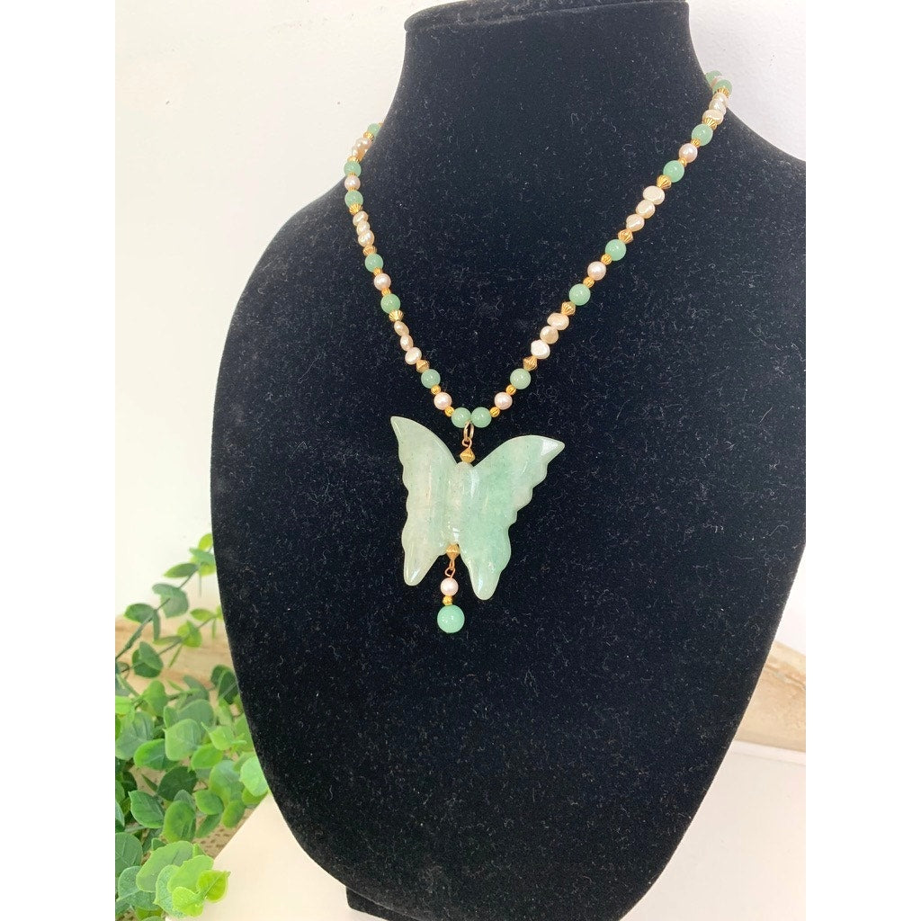 Vintage Jade Butterfly Pendant Necklace Pearl Beaded Green Stone Statement