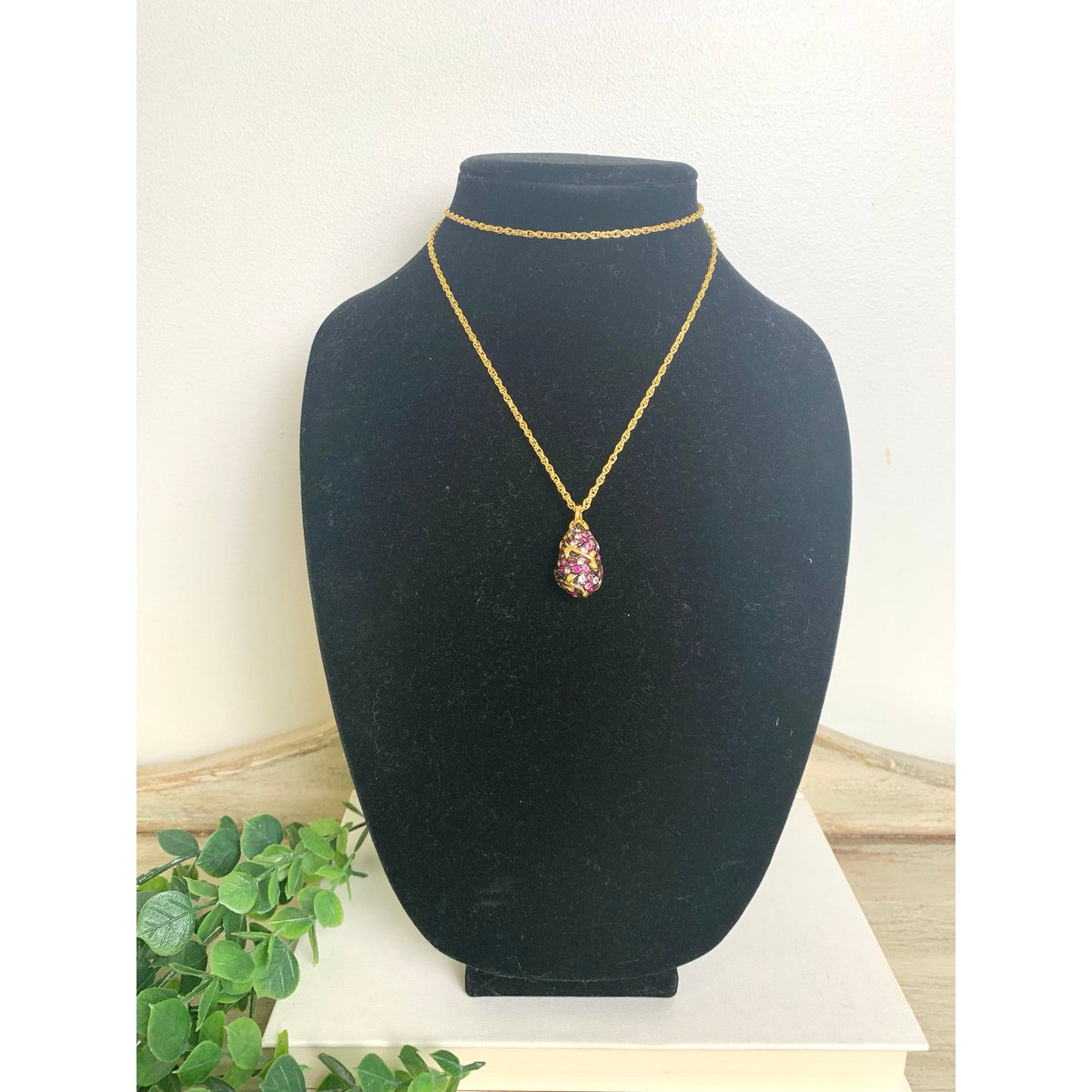 Vintage Joan Rivers Pink Purple Pendant Necklace Pave Rhinestone Gold Tone Romantic Glam