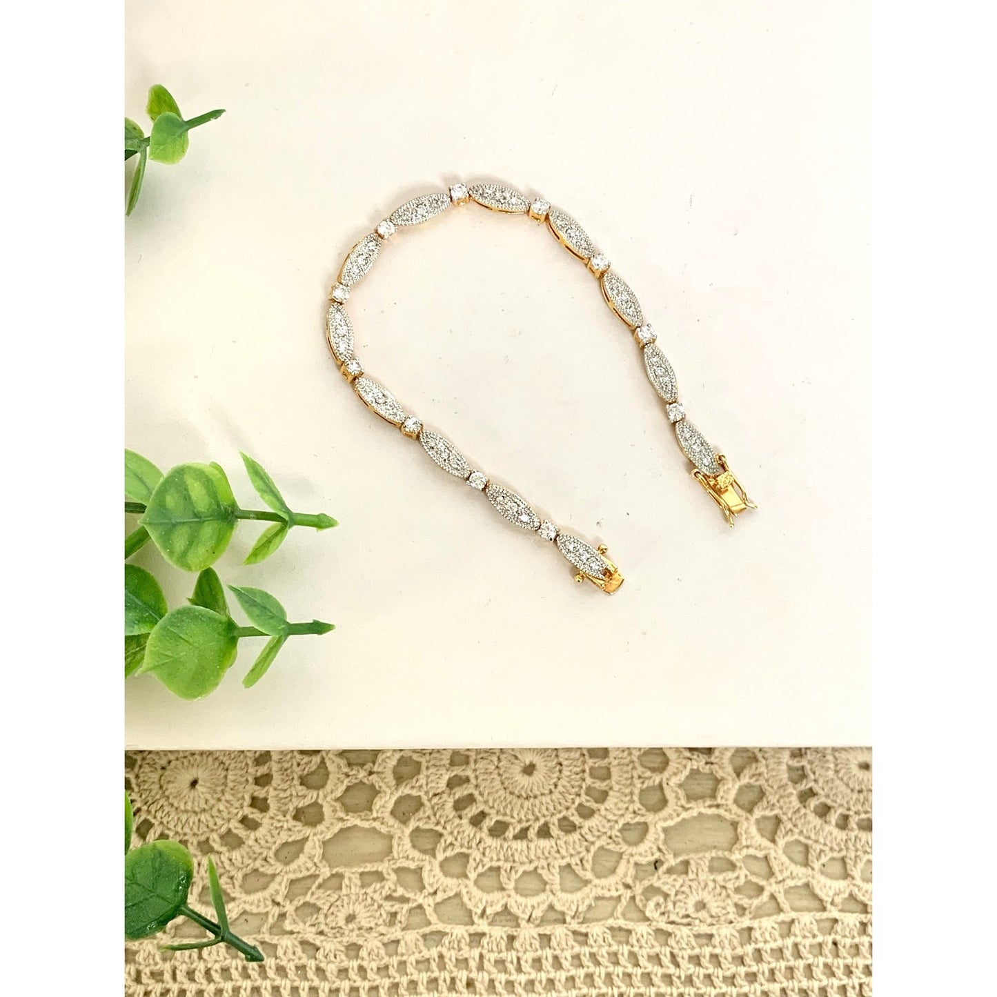 Vintage Goldtone Rhinestone Tennis Bracelet Art Deco Style Crystal Glam Jewelry