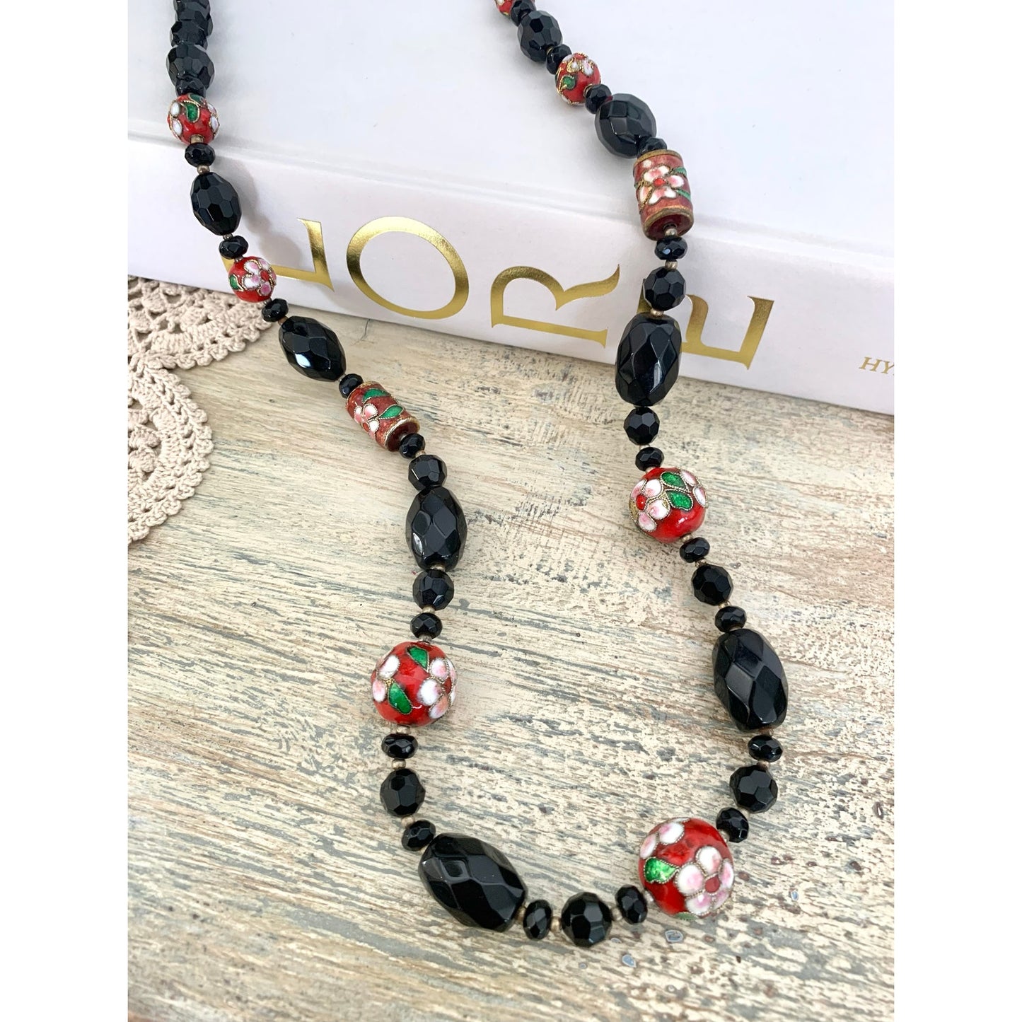 Vintage Cloisonne Beaded Necklace Black Faceted Glass Floral Red Enamel Statement