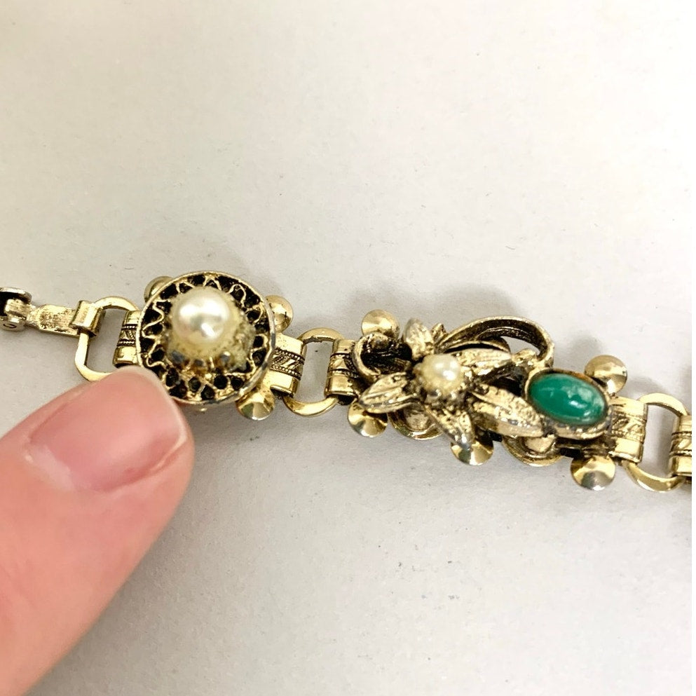 Vintage Victorian Revival Bracelet Goldtone Floral Link Faux Pearl Green Cabochon