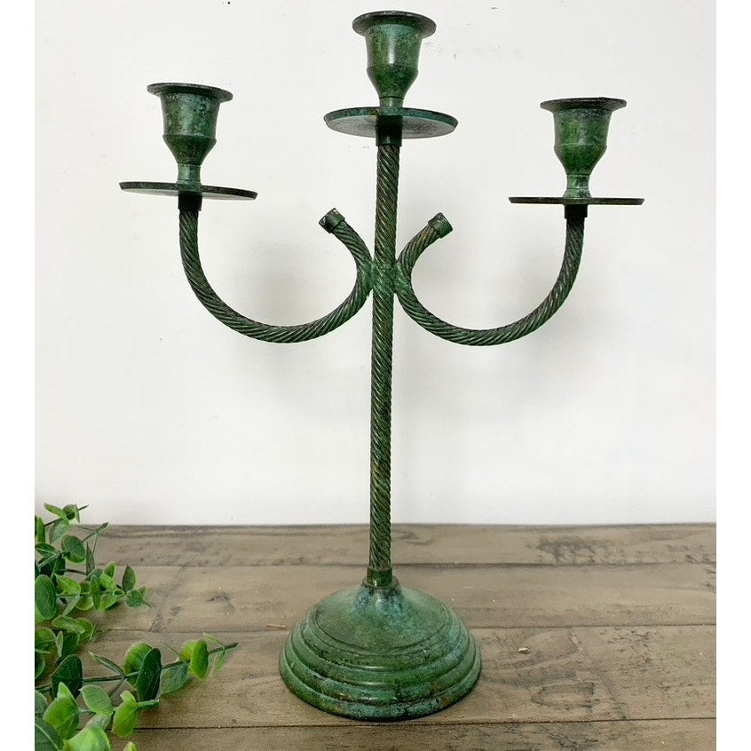 Vintage Verdigris Twisted Metal Candelabra – Green Triple Candle Holder Aged Patina Old World Christmas