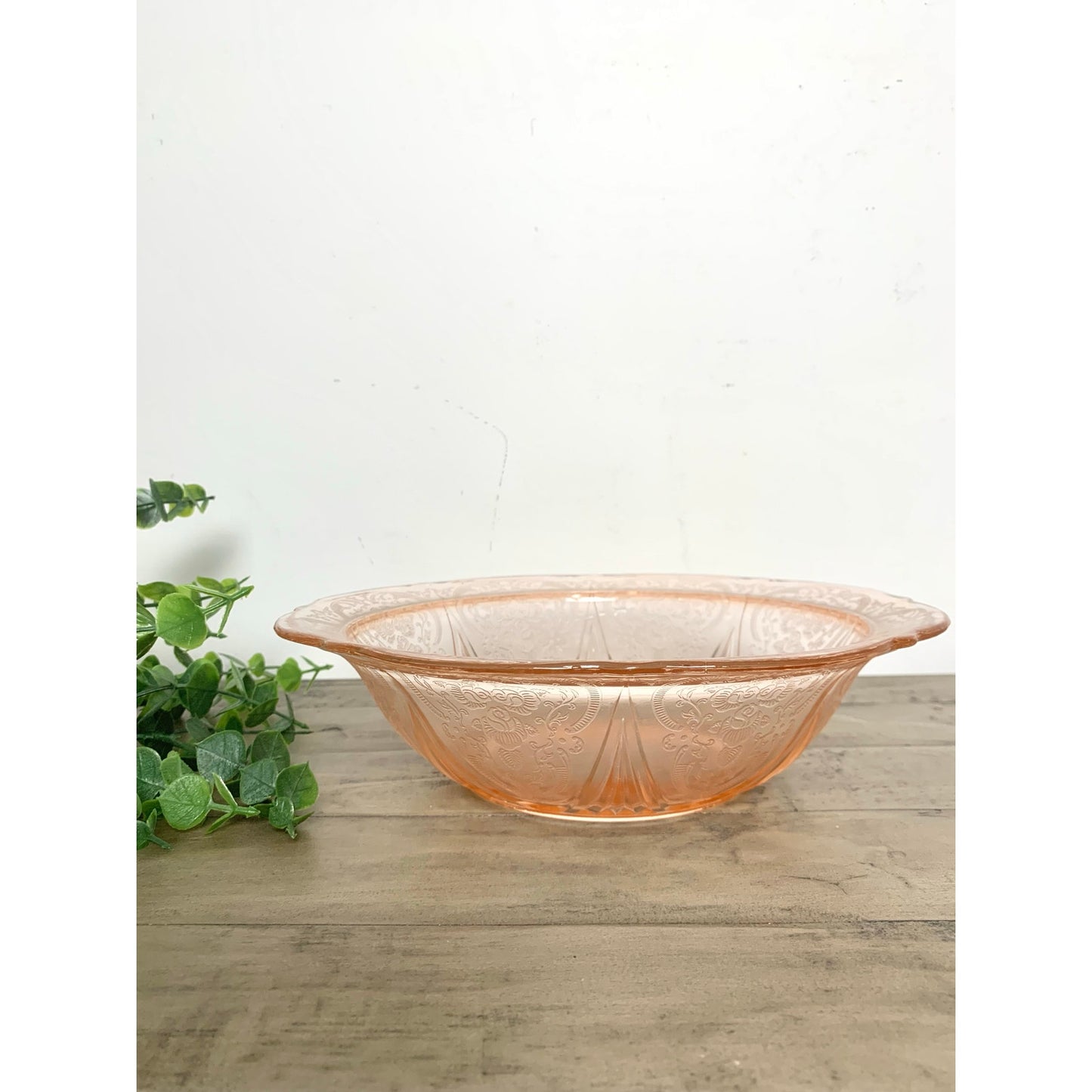 Depression Glass Vintage Pink Serving Bowl Floral Pressed Pattern Scalloped Rim