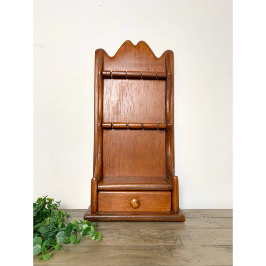 Vintage Wooden Shelf Spoon Display with Drawer Solid Wood Wall Hanging Cottagecore