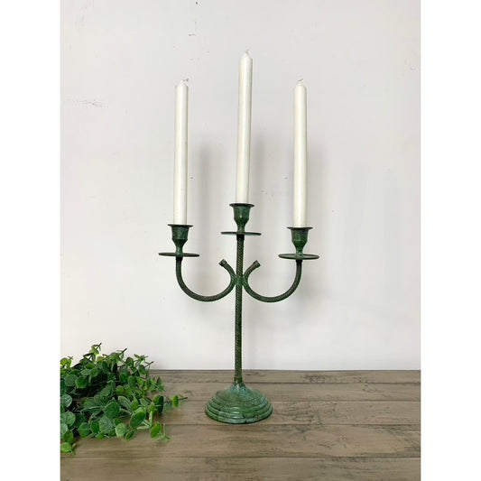 Vintage Verdigris Twisted Metal Candelabra – Green Triple Candle Holder Aged Patina Old World Christmas