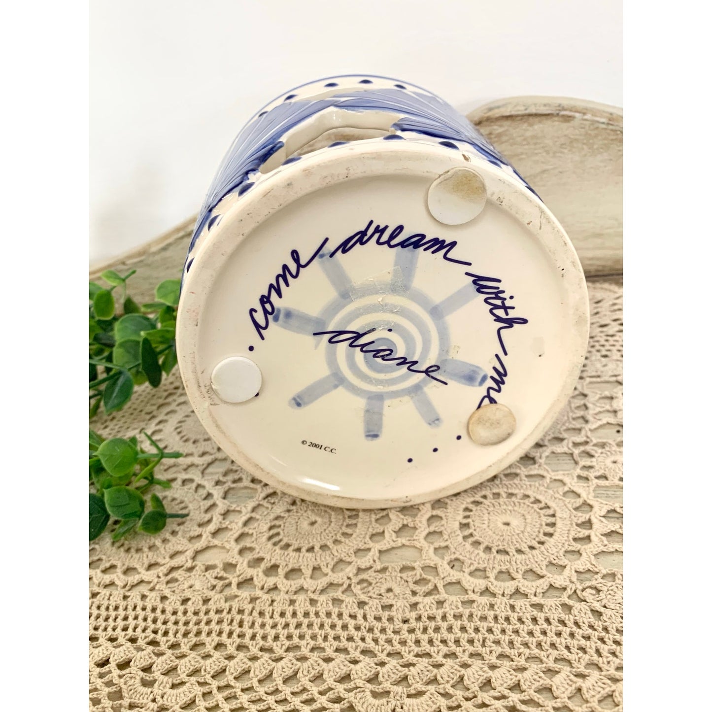 Vintage Blue and White Coastal Shell Candle Holder Ceramic Cutout Beach Votive