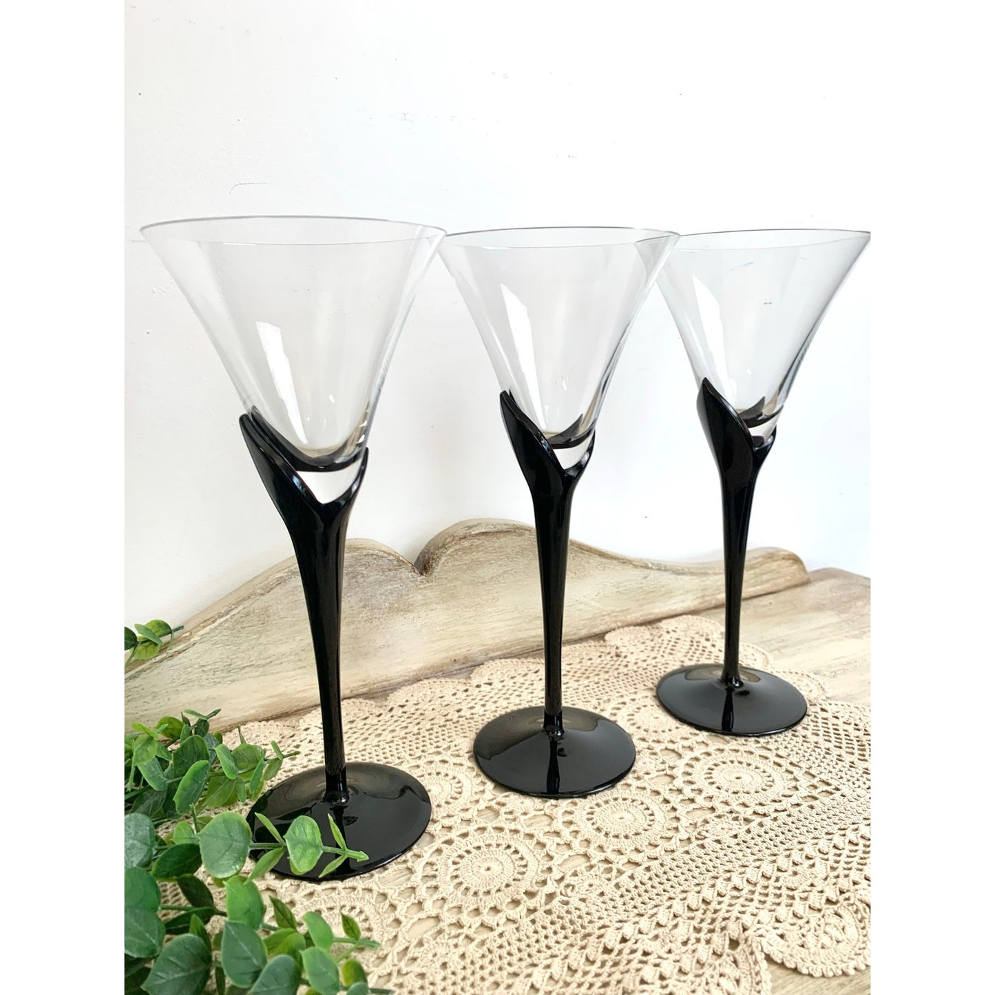 Vintage Mikasa Vogue Onyx Martini Glasses Set of 3 Black Stem Cocktail Glasses Barware Elegant