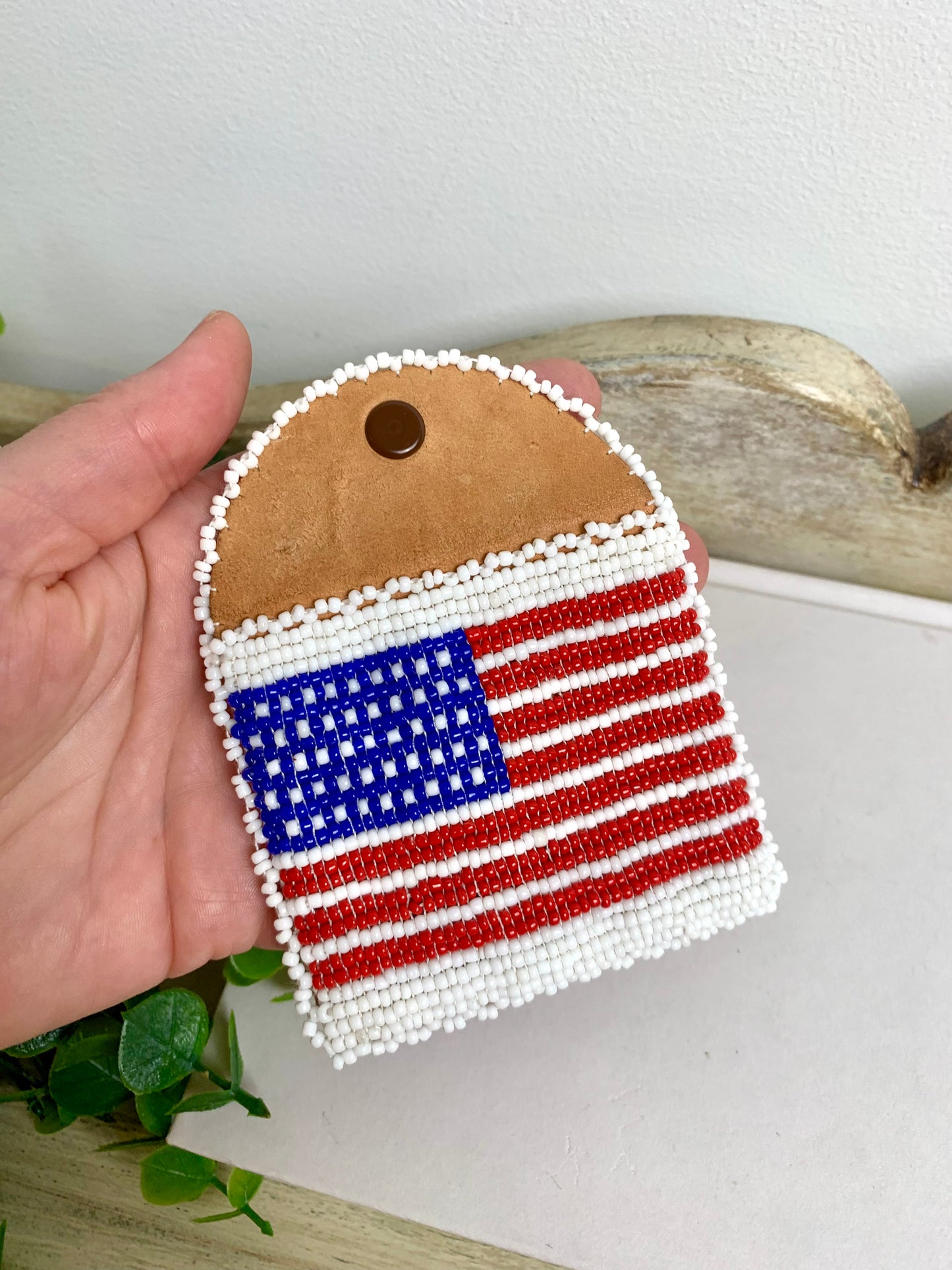 Vintage Leather Coin Purse with Beaded American Flag