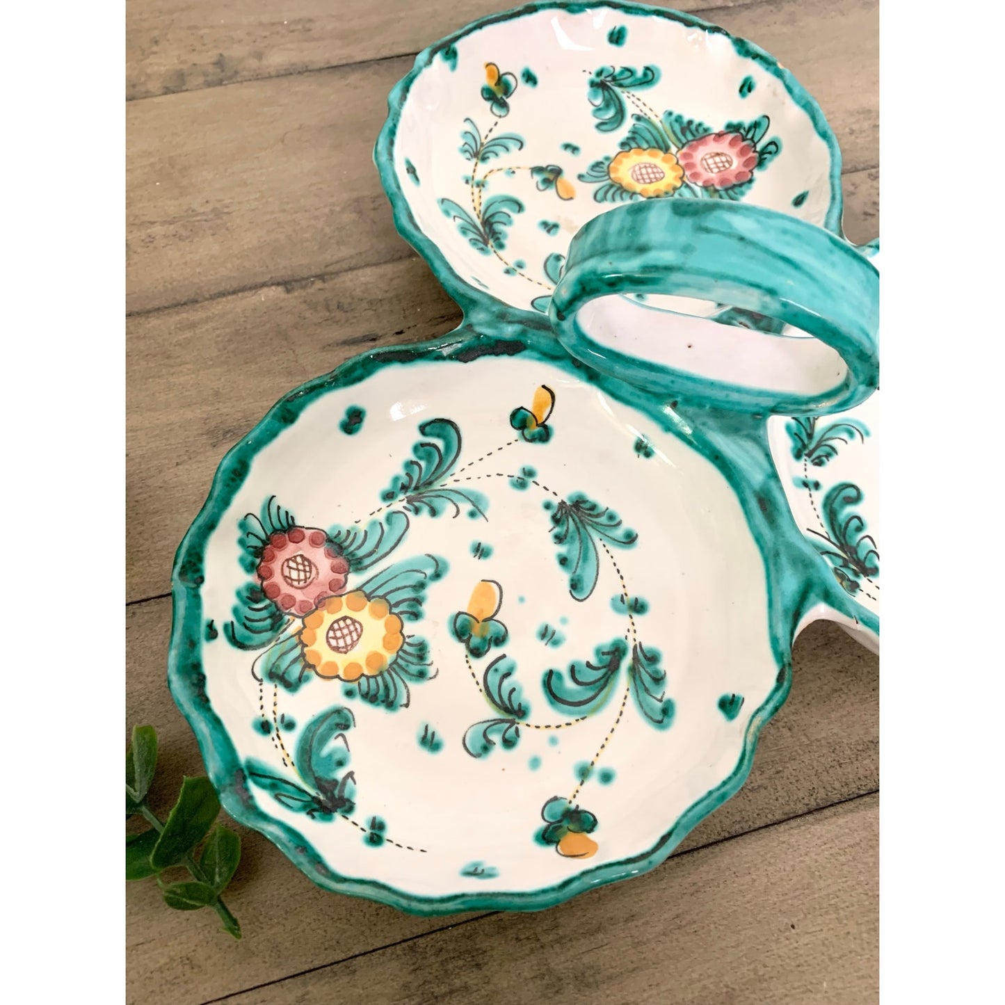 Vintage Hand Painted Italian Pottery Ceramic Serving Dish w Handle Signed Italy