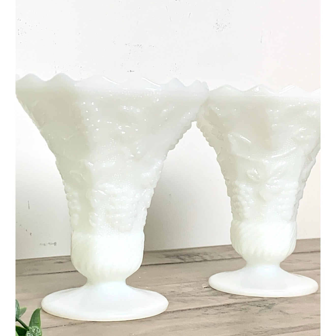Anchor Hocking Vintage Pair White Milk Glass Grape Vine Pedestal Vases Cottage