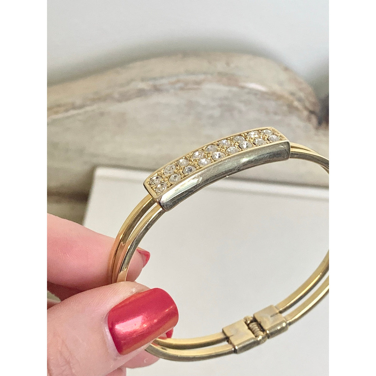 Vintage Goldtone Rhinestone Bangle Bracelet Pave Statement Jewelry Classic Glam
