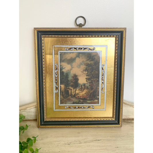 Vintage Reverse Painted Glass Landscape Print Framed European Style Wall Art