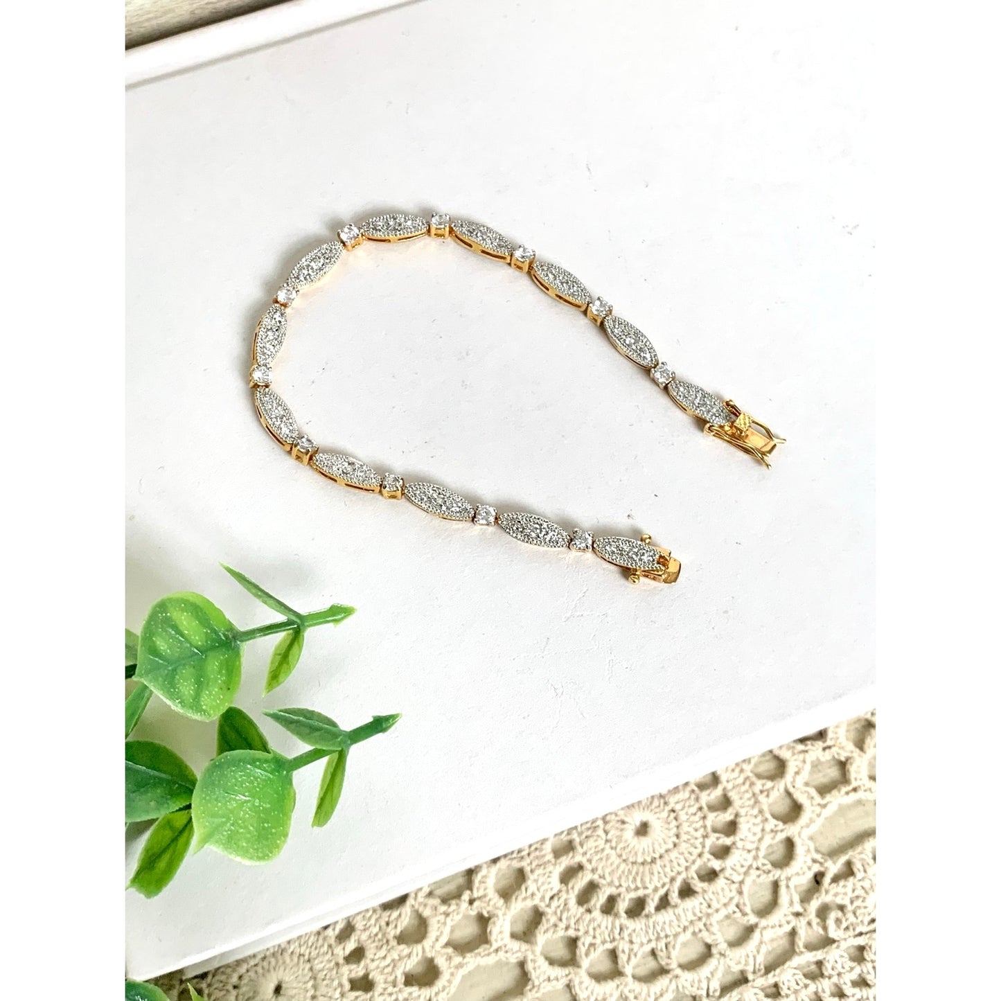 Vintage Goldtone Rhinestone Tennis Bracelet Art Deco Style Crystal Glam Jewelry