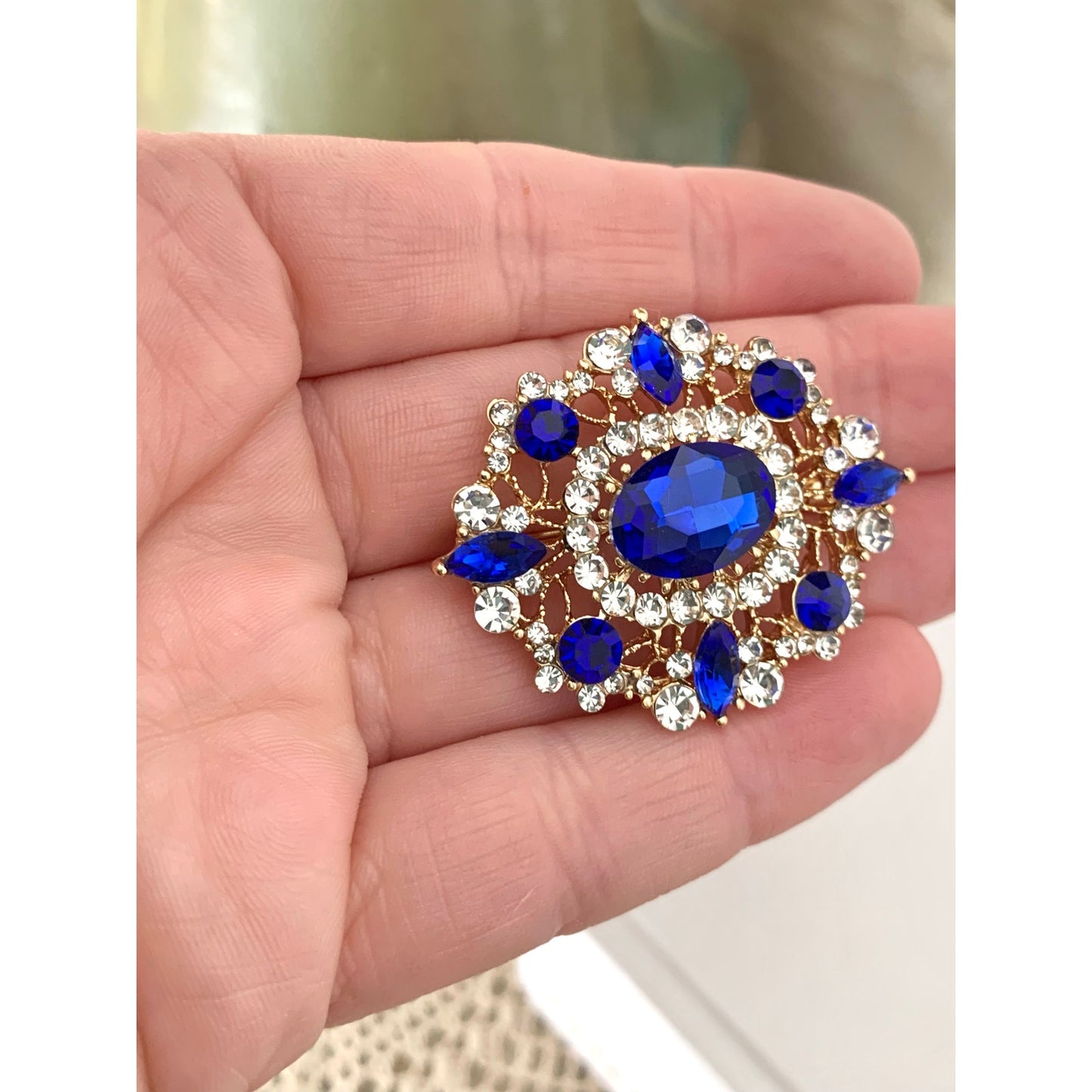 Blue Glass Rhinestone Statement Brooch Goldtone Clear Accents Romantic Vintage Style