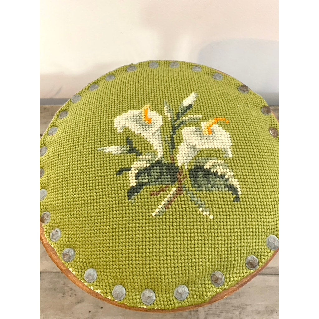 Vintage Floral Needlepoint Wood Footstool Green Wool Top Nailhead Trim Cottage
