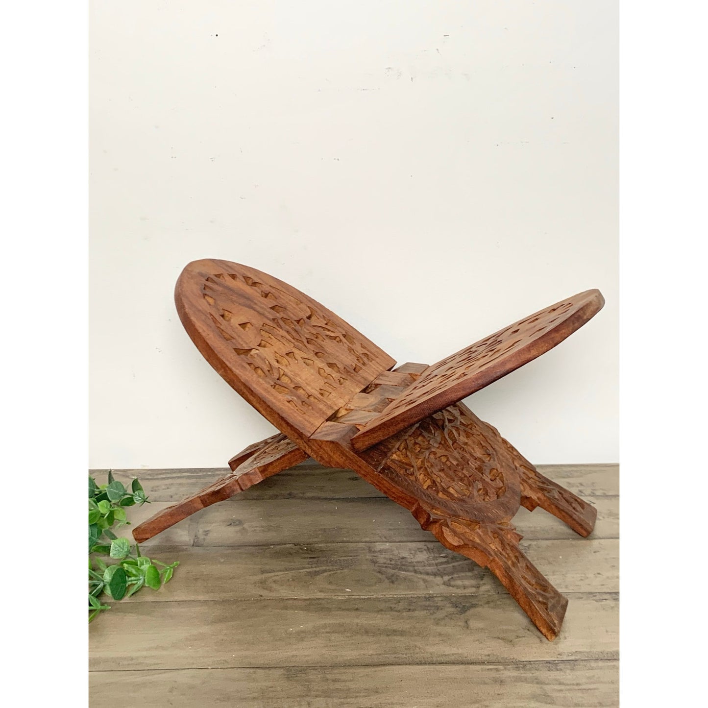 Vintage Hand Carved Wooden Book Stand Folding Ornate Cookbook Holder Mid Century