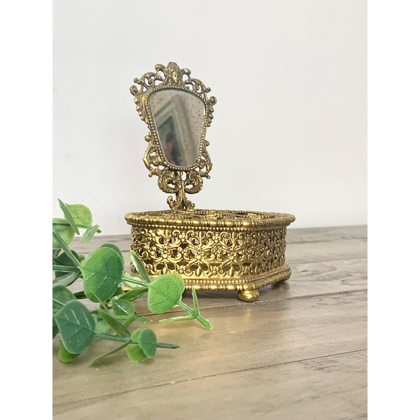 Vintage Ornate Gold Filigree Lipstick Holder Vanity Mirror Footed Hollywood Regency