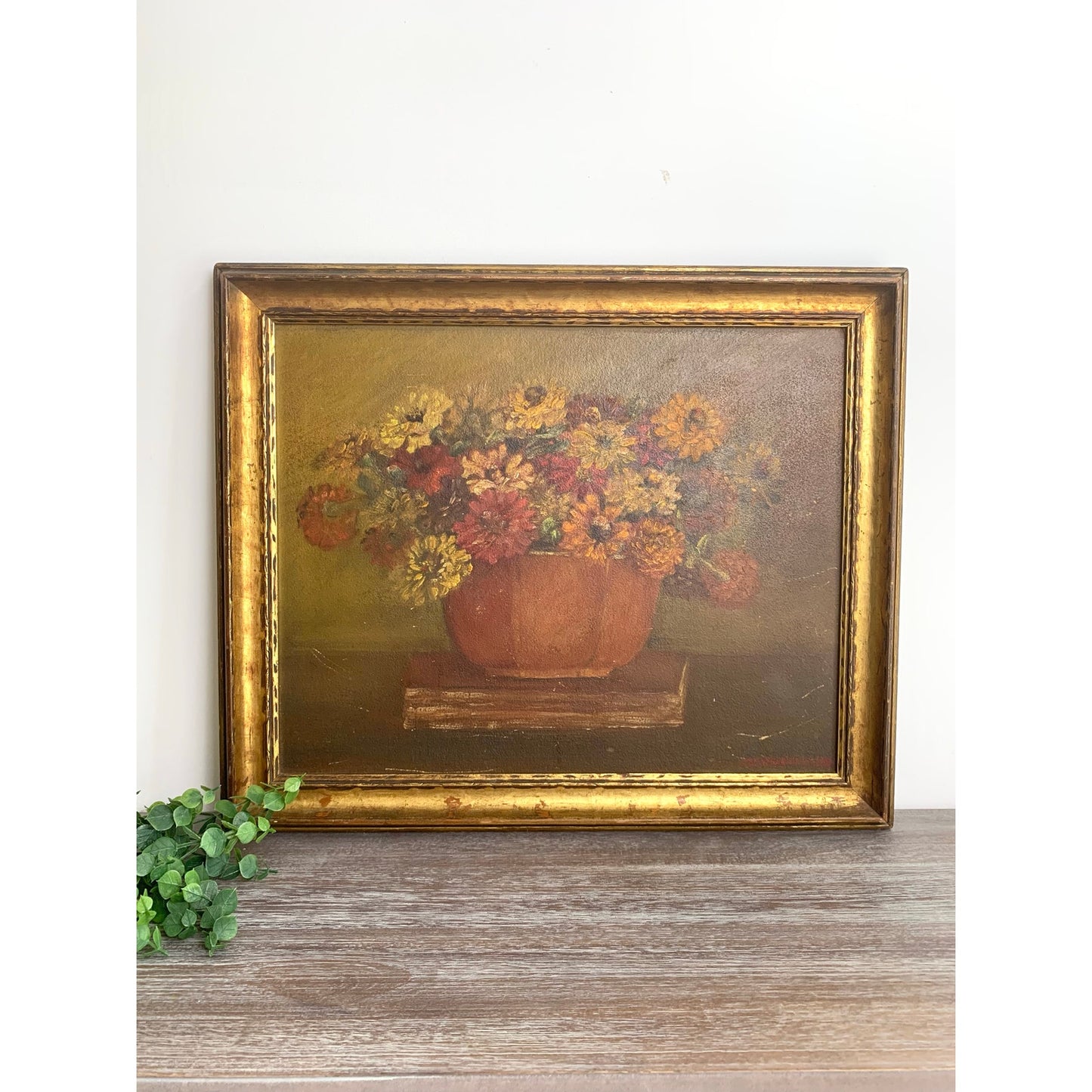 Vintage Floral Still Life Oil Painting on Board Signed Wright Framed Moody Art