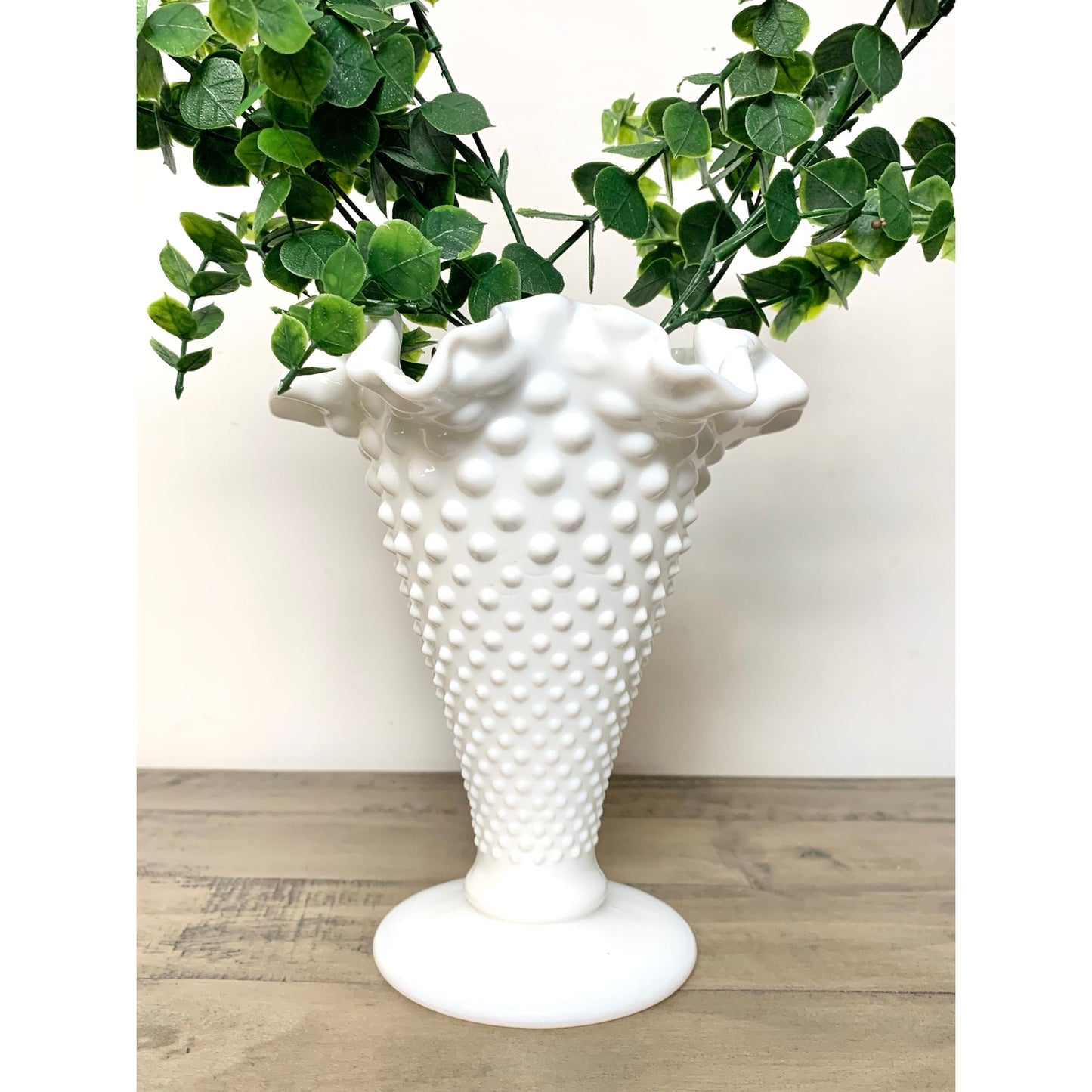 Vintage Fenton Hobnail Milk Glass Vase with Fluted Rim – White Pedestal Vase