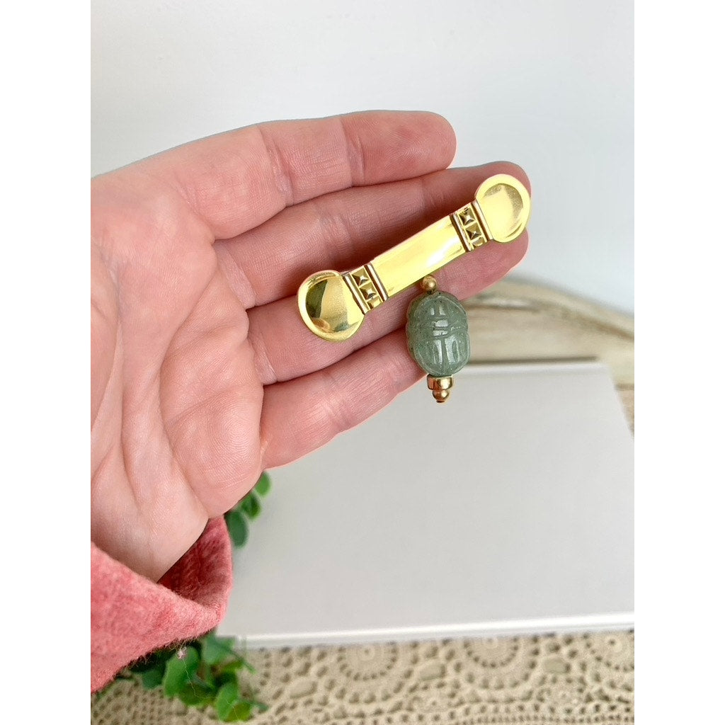 Vintage Gold Tone Bar Brooch with Green Stone Dangle Jade Style Drop Pin