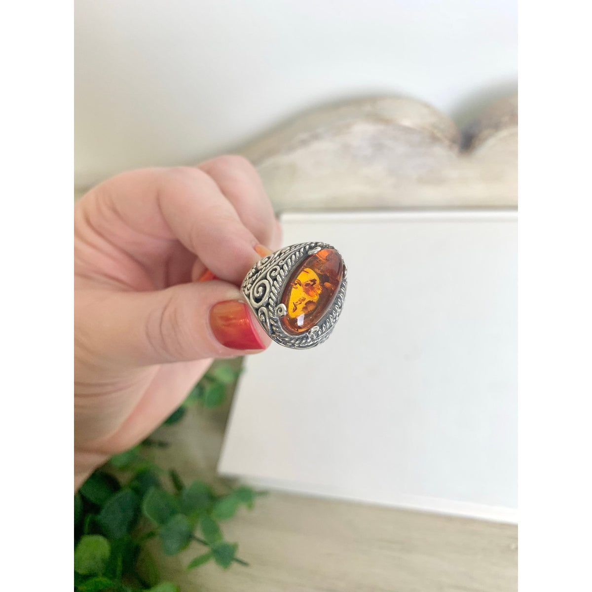 Vintage Sterling Silver Amber Ring Ornate Filigree Statement Jewelry 925 Boho Southwestern