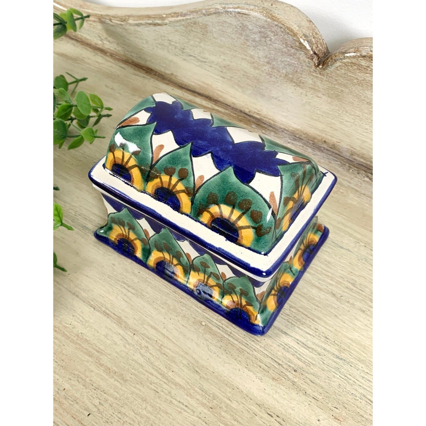 Vintage Mexican Talavera Style Ceramic Lidded Box Hand Painted Pottery Trinket Dish