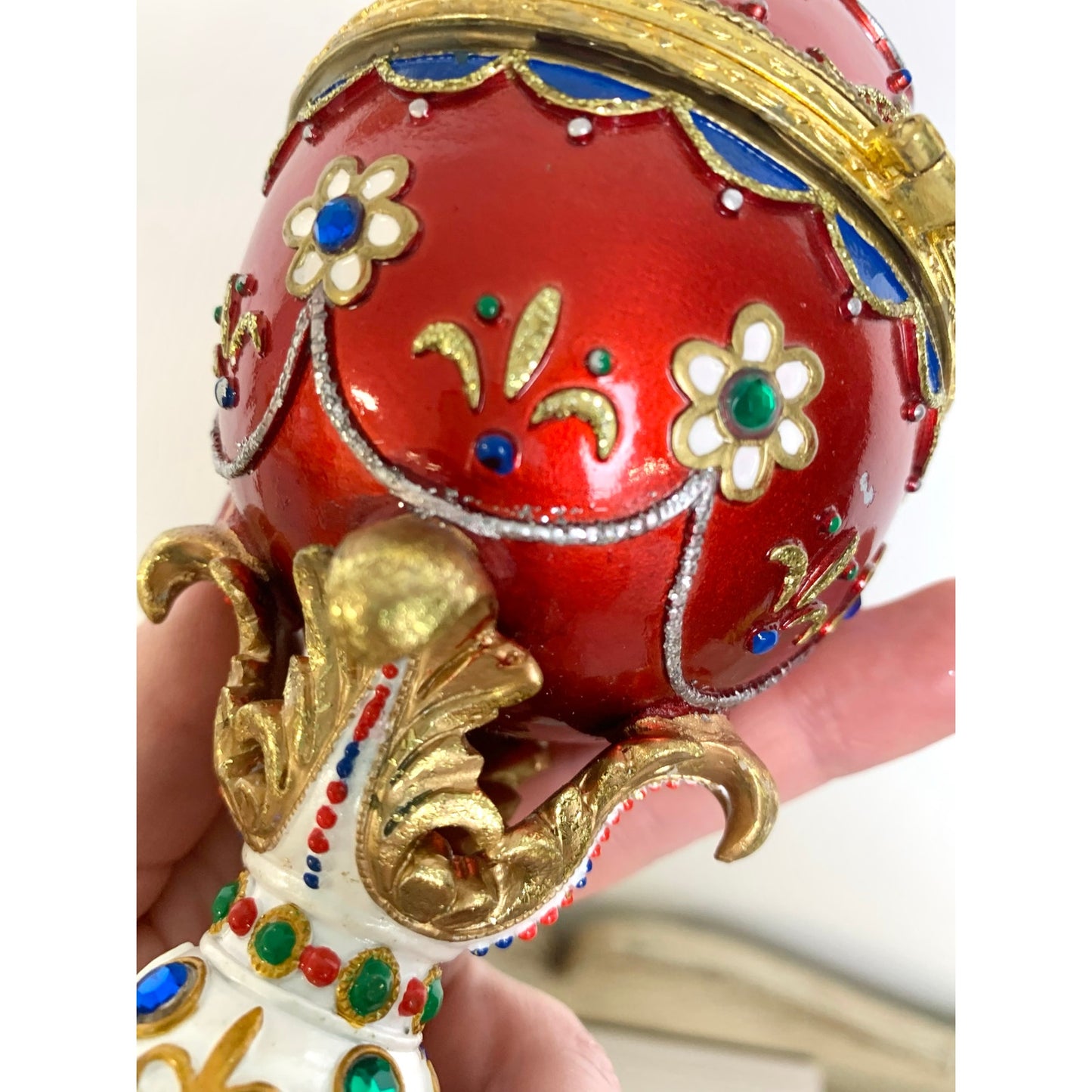 Vintage Faberge Style Red Enamel Egg Trinket Box Jeweled Pedestal Jewelry Box