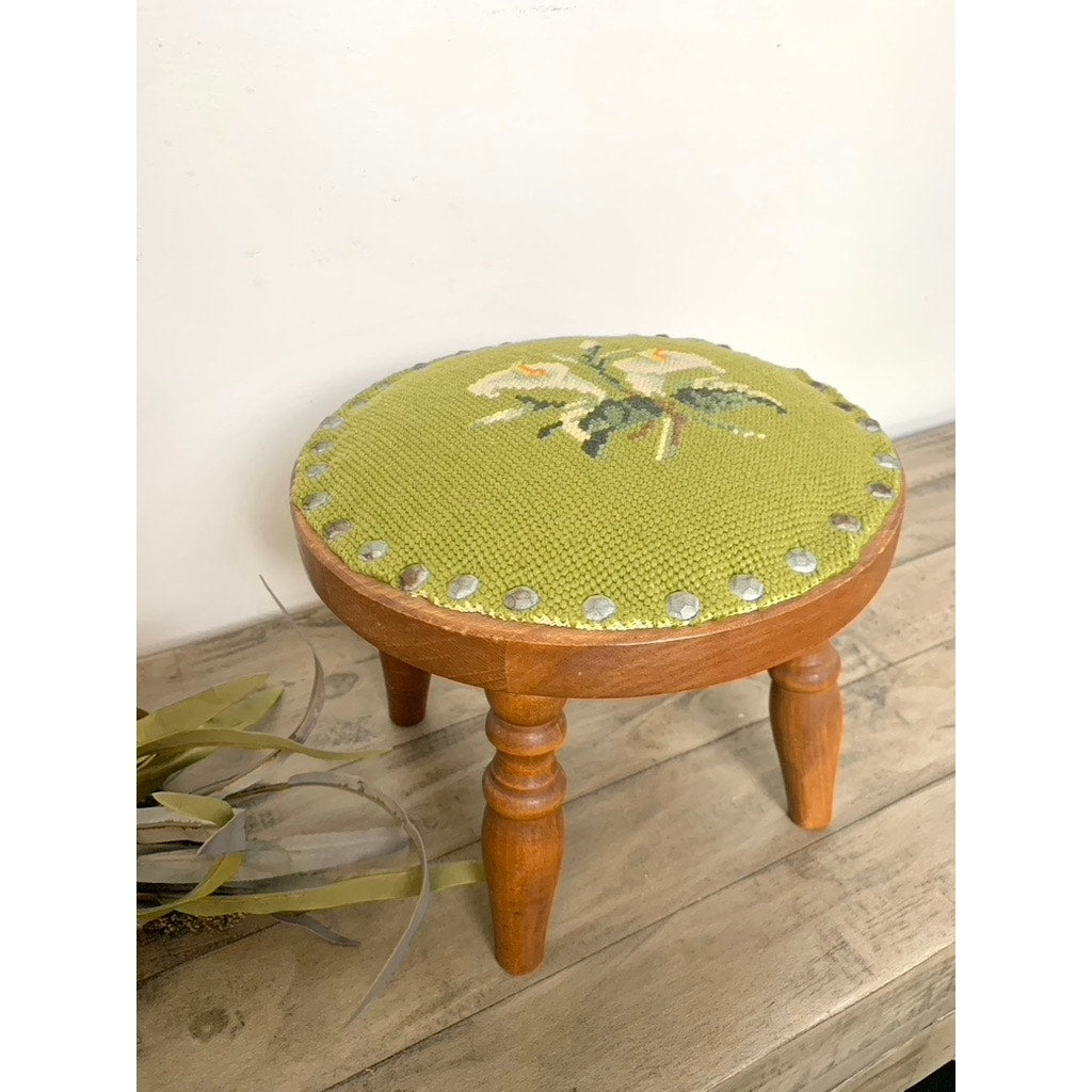 Vintage Floral Needlepoint Wood Footstool Green Wool Top Nailhead Trim Cottage
