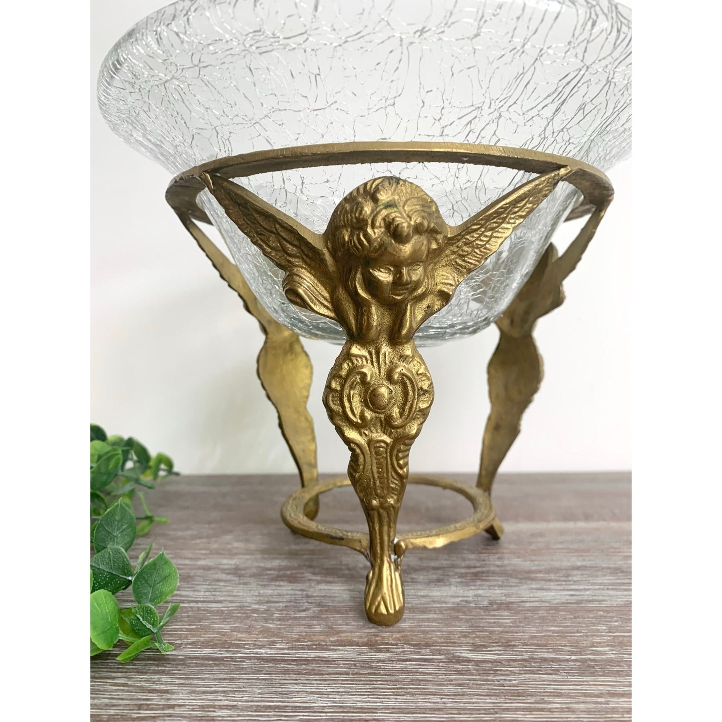 Vintage Brass Pedestal with Crackle Glass Bowl Angel Cherub Candle Votive Vase