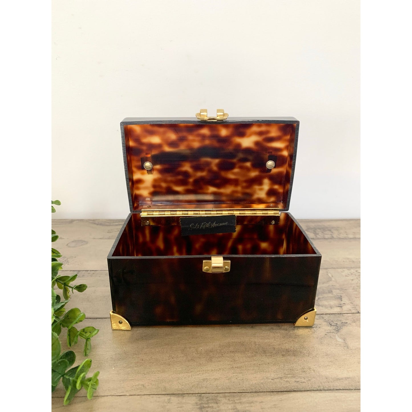 Vintage Saks Fifth Avenue Faux Tortoiseshell Lucite Box Brass Jewelry Storage