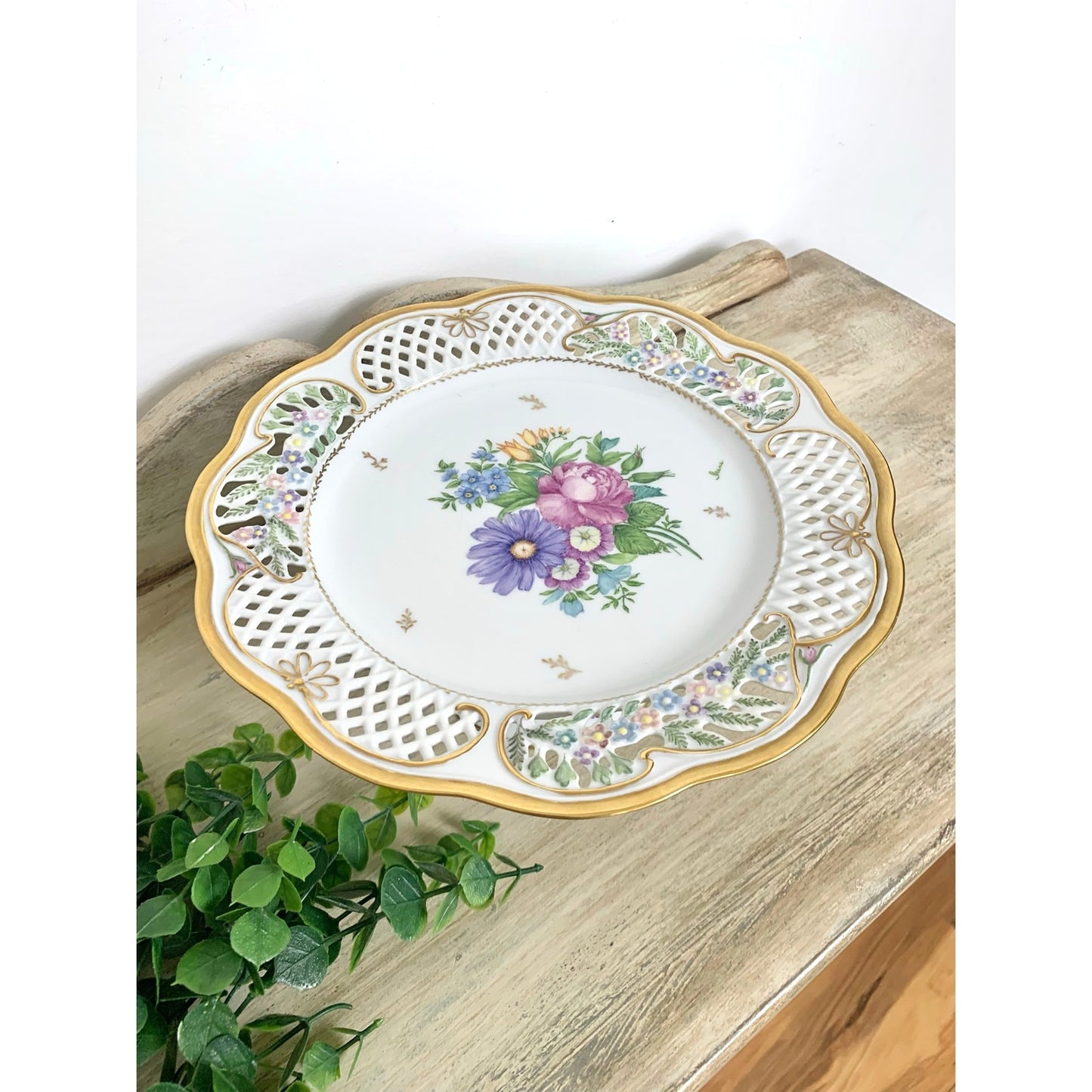 Vintage Pedestal Cake Stand Floral Hand Painted Porcelain Wedding Serving Cottage Shabby