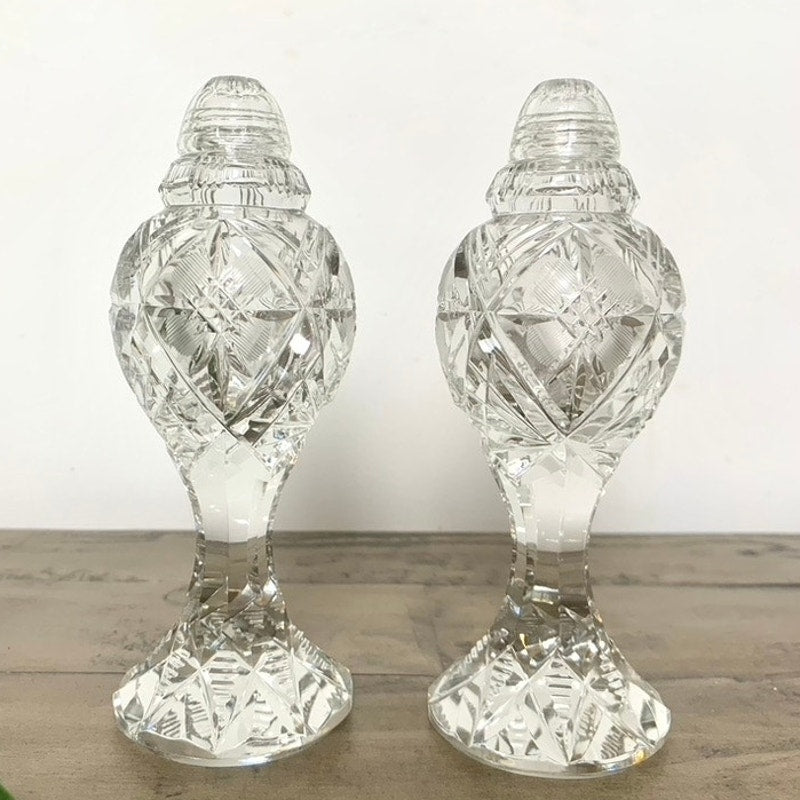 Vintage Cut Crystal Salt & Pepper Shakers Faceted Pedestal Pair with Starburst Pattern