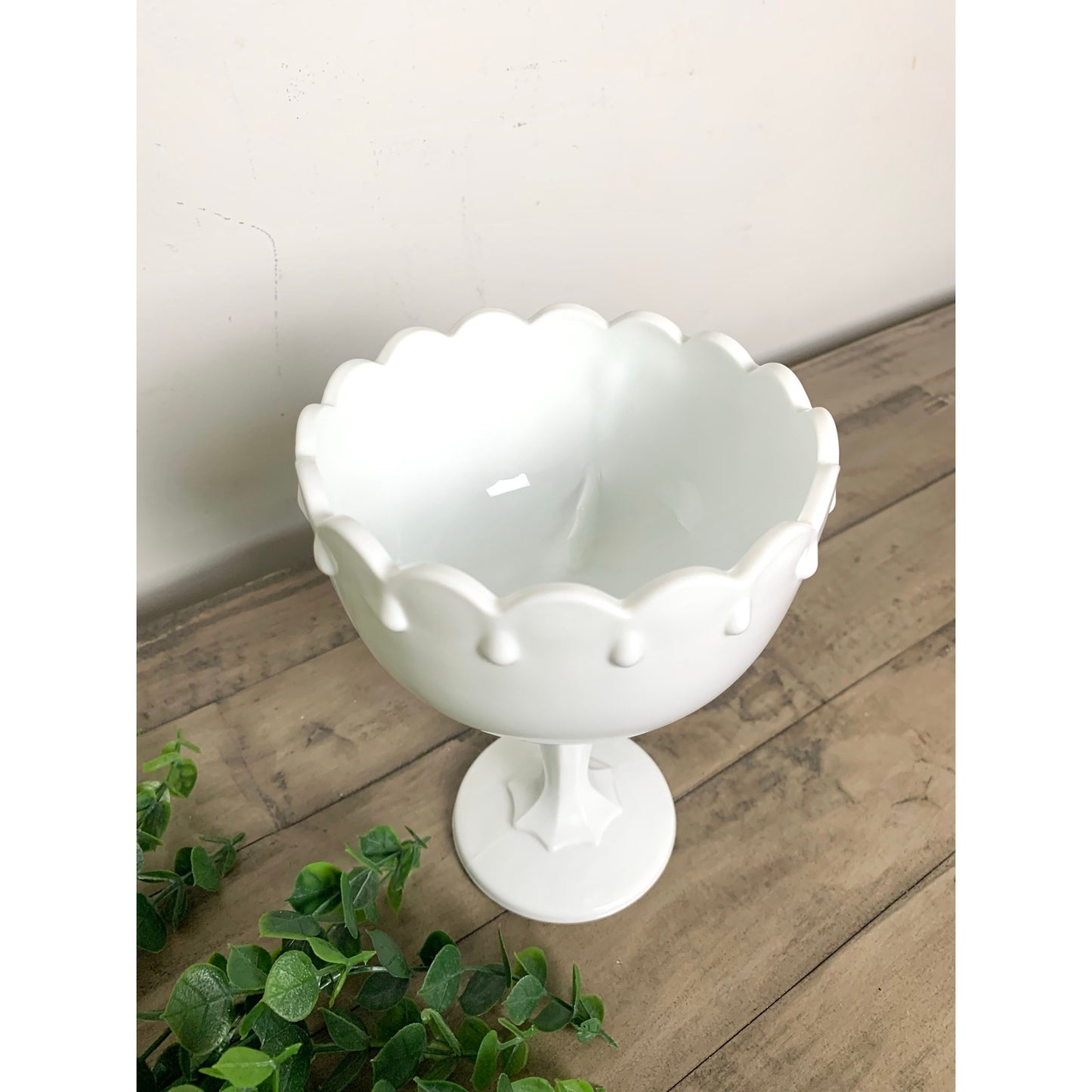 Vintage White Indiana Milk Glass Pedestal Compote Candy Dish Bowl Scalloped Rim