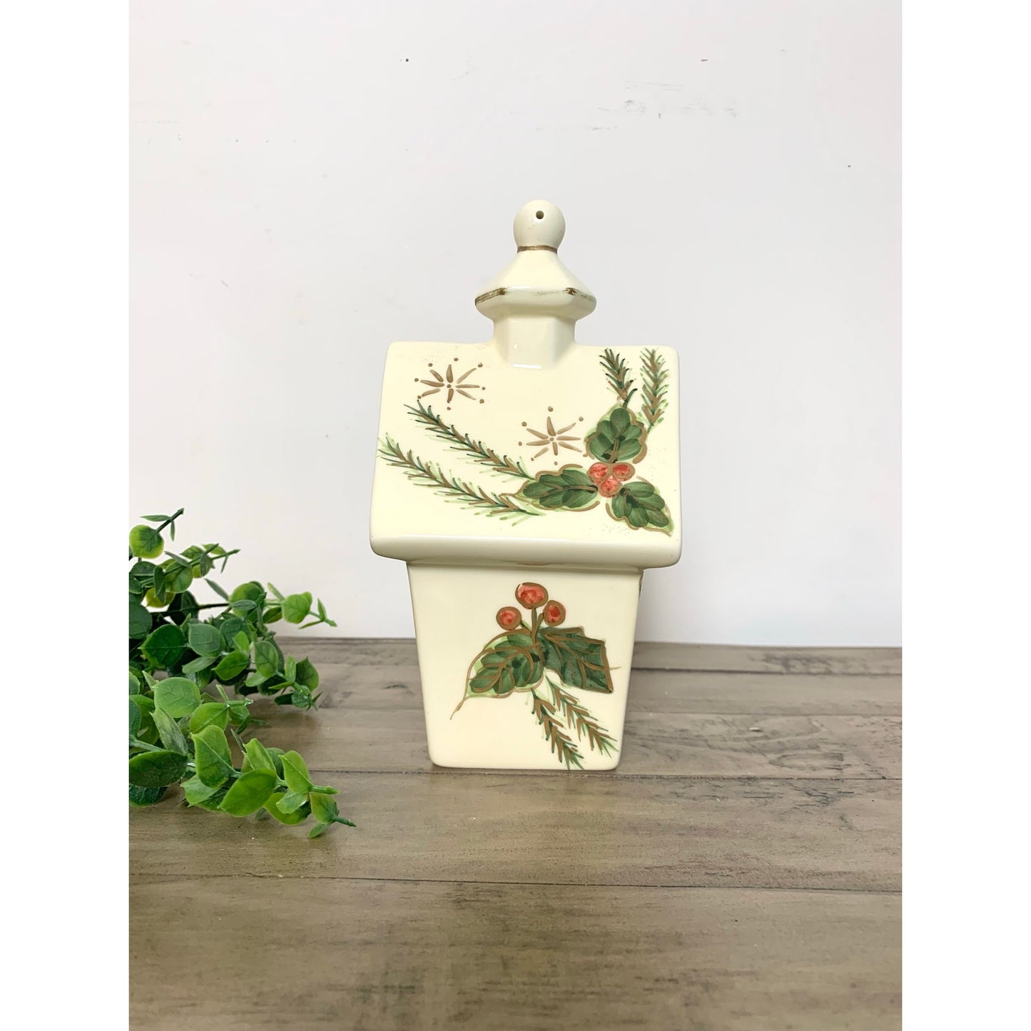 Vintage Ceramic Christmas Birdhouse with Hand Painted Holly and Berry Design Holiday Cottage