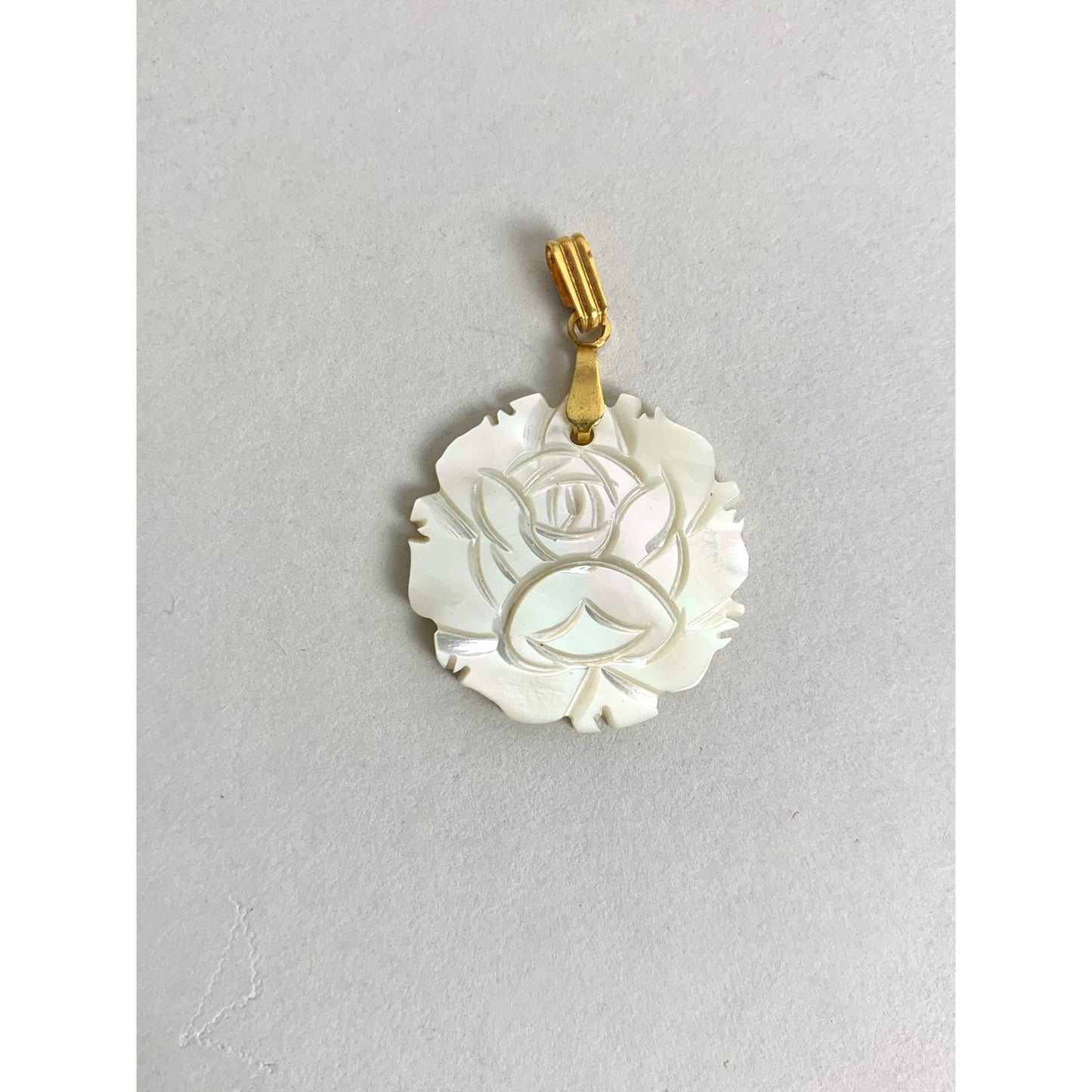 Vintage Mother of Pearl Flower Pendant Gold Tone Bale Carved Shell Charm Rose