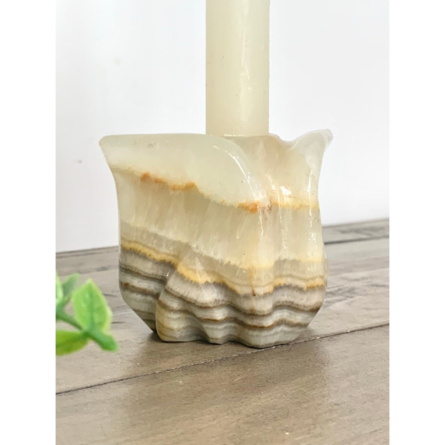 Vintage Onyx Stone Candle Holder Carved Marble Style Taper Holder Floral Earthy