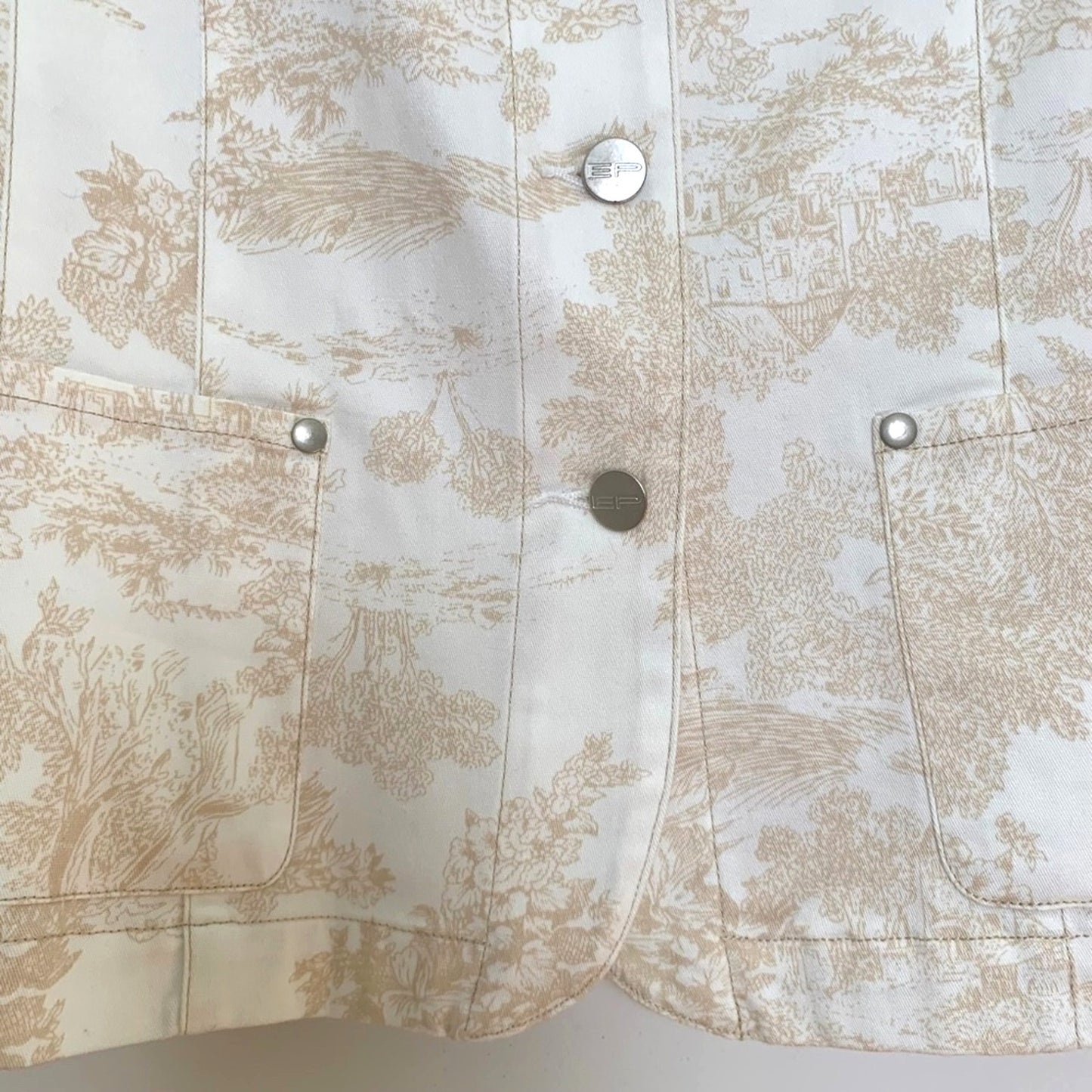 Evan Picone Toile Print Blazer White Beige Stretch Denim Jacket Structured Size 10