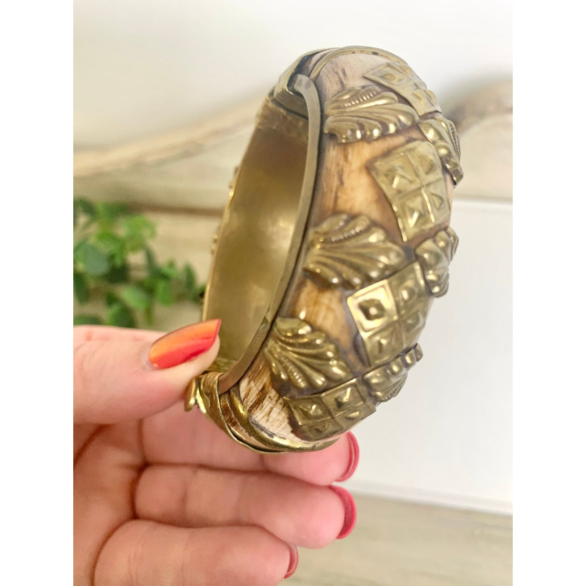 Vintage Camel Bone Bangle Bracelet Brass Overlay Hinged Statement Jewelry