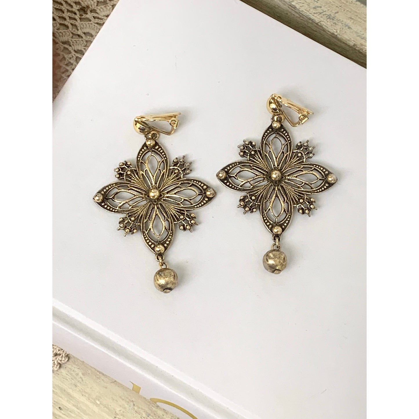Vintage Gold Tone Clip On Earrings Ornate Filigree Floral Dangle Earrings Statement Jewelry
